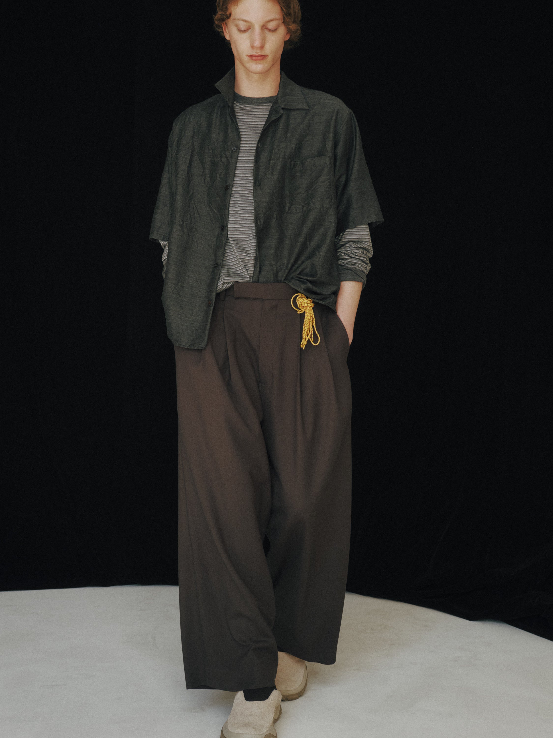 Recycled Polyester Wool Gabardine / Double Pleated Baggy Trousers, Charcoal Gray