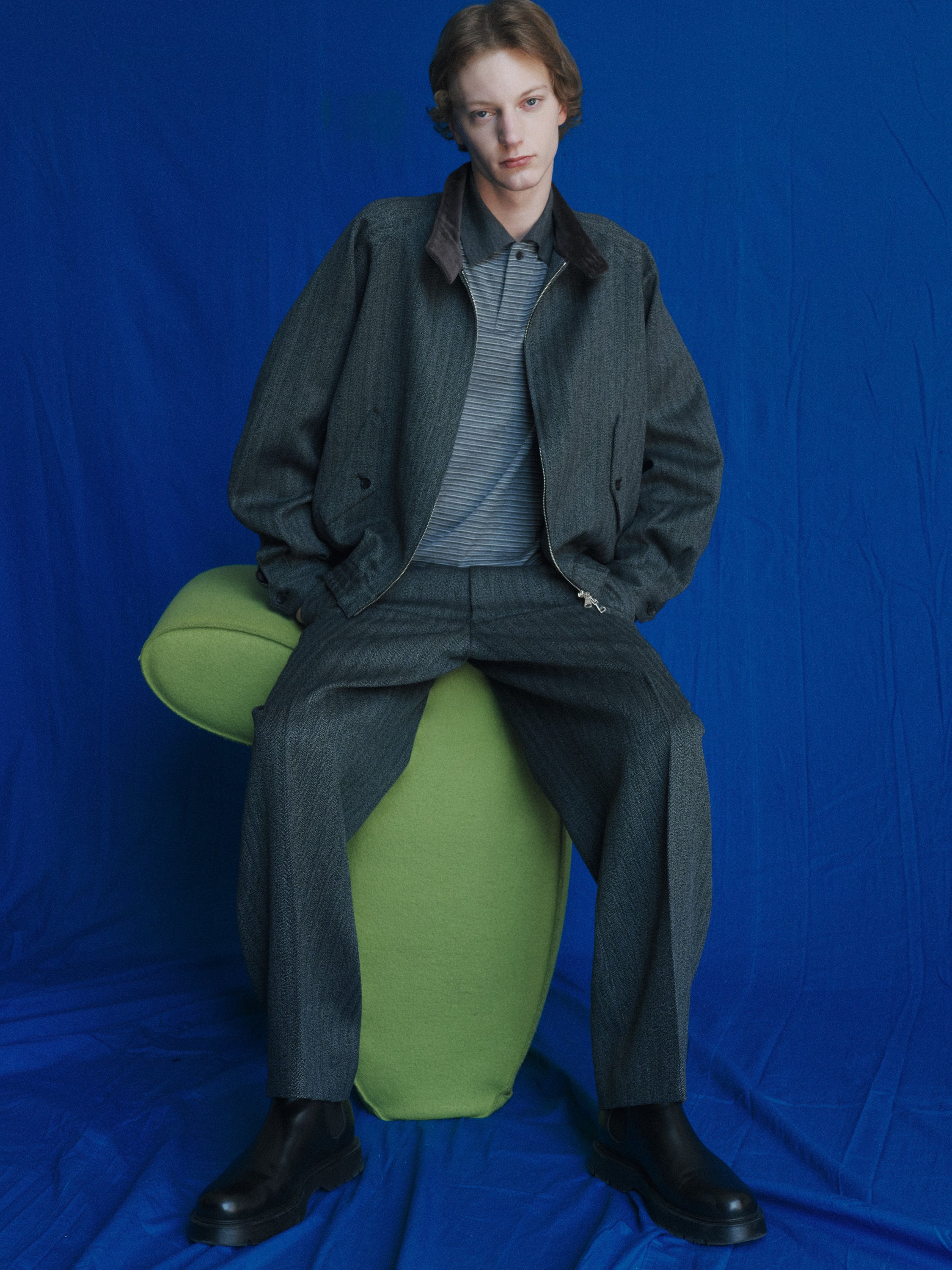Super 120s Washable Wool Jersey / One Button L/S Polo, Gray Border