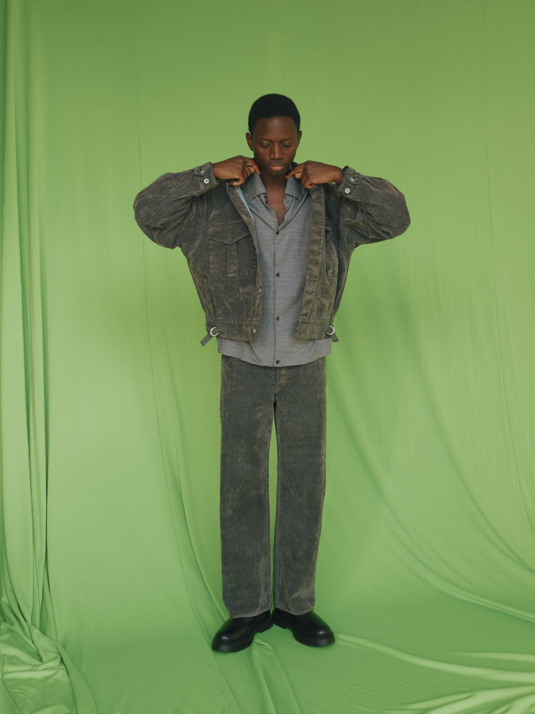 Velvet-Flocked Organic Cotton Denim / Canadian Military Work Jacket, Gray