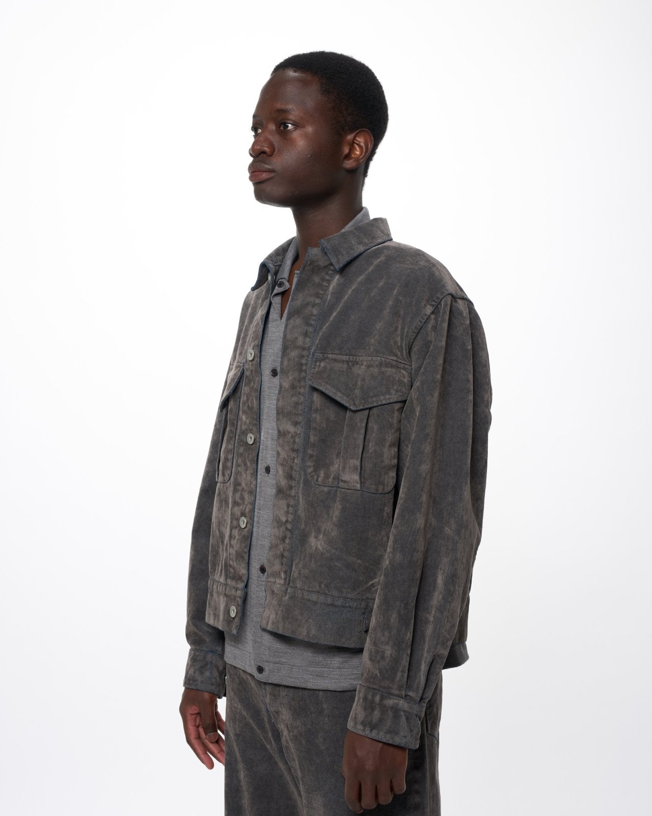 Velvet-Flocked Organic Cotton Denim / Canadian Military Work Jacket, Gray