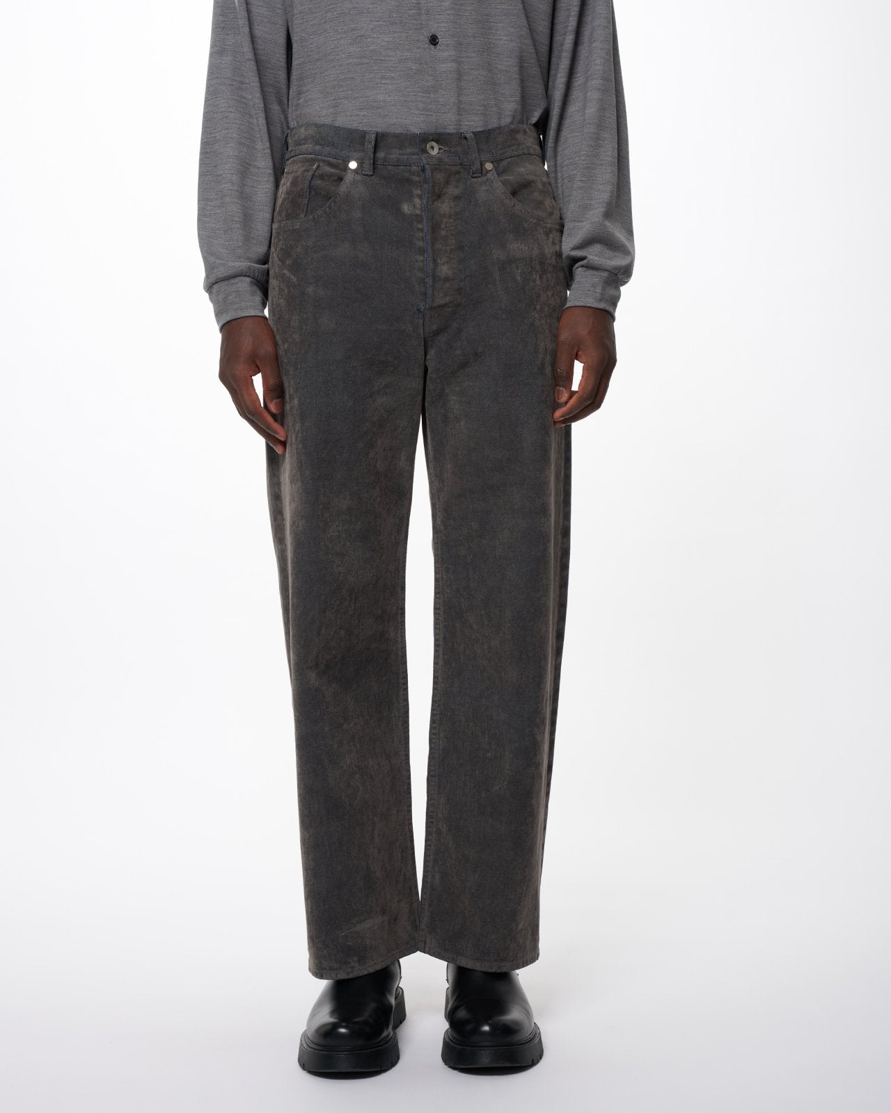 Velvet-Flocked Organic Cotton Denim Cylinder Fit Jeans, Gray