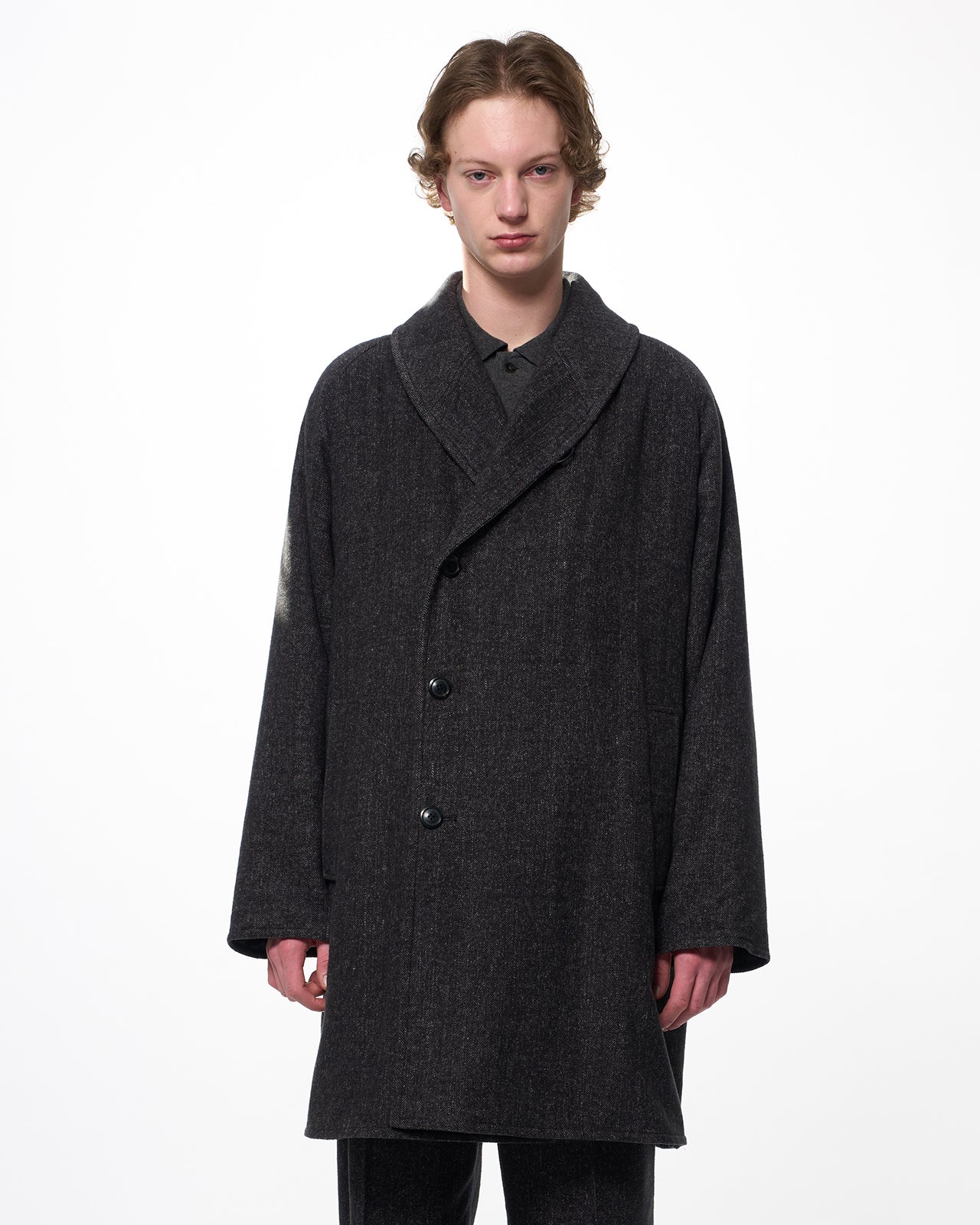 Heavy Silk Flannel / Shawl Collar Coat, Herringbone