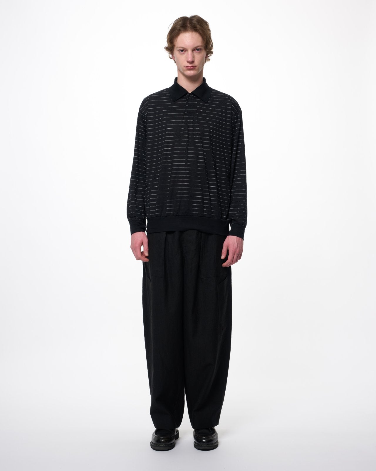 Super 120s Washable Wool Jersey / One Button L/S Polo, Black Border