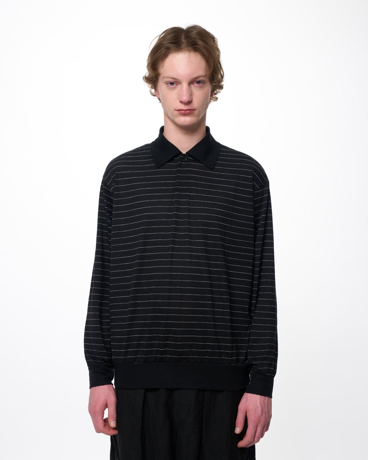 Super 120s Washable Wool Jersey / One Button L/S Polo, Black Border