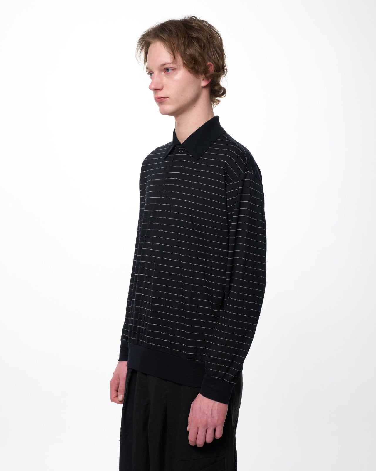 Super 120s Washable Wool Jersey / One Button L/S Polo, Black Border