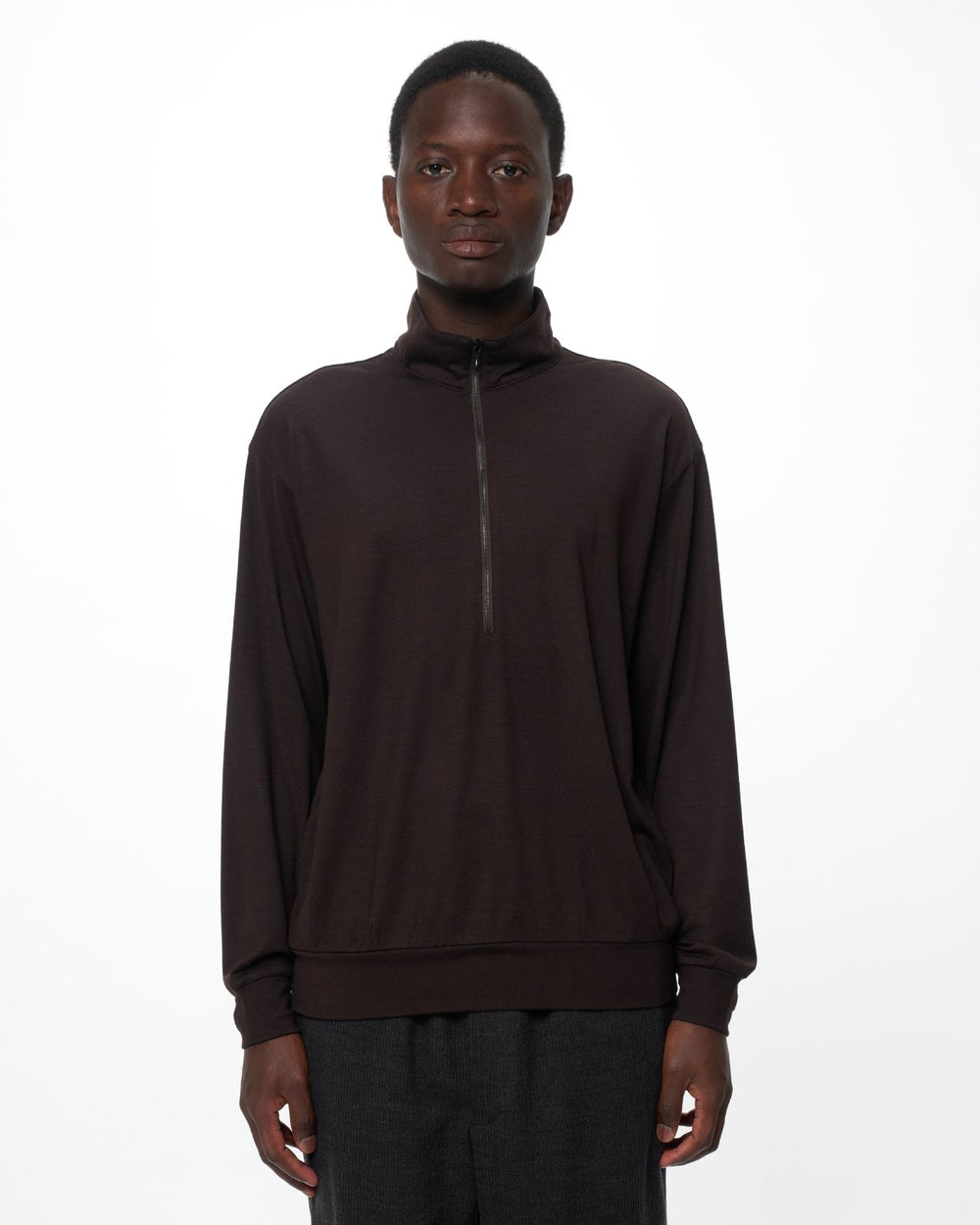 Super 100s Washable Wool Jersey Half-Zip Stand, Dark Brown