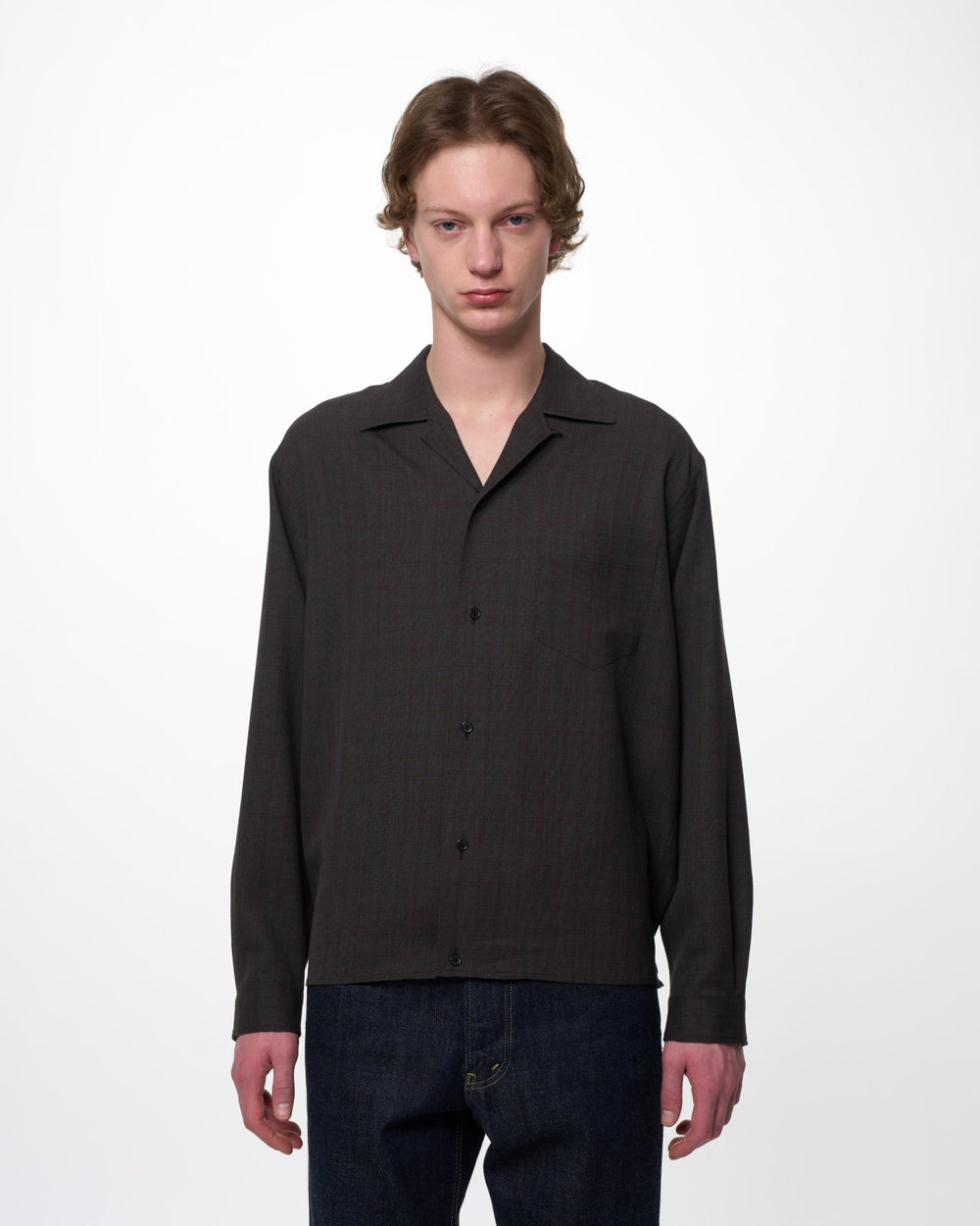 RWS Super 140s ウール強撚サージ / オープンカラー L/S シャツ With Hem Tab, Gray Plaid