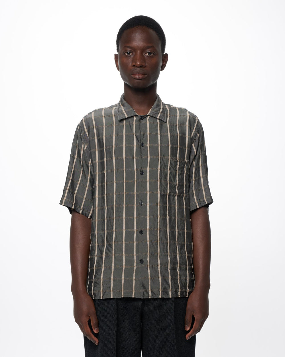 Cupra/Wool Twill / Open Collar S/S Shirt, Gray Check