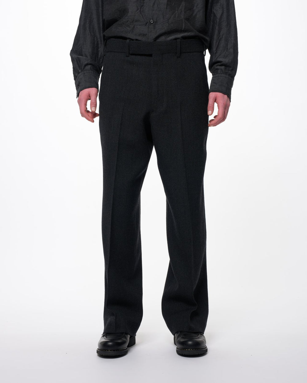 Tumbled Wool Serge / Regular Fit Straight Trousers, Gray Bird’s-Eye