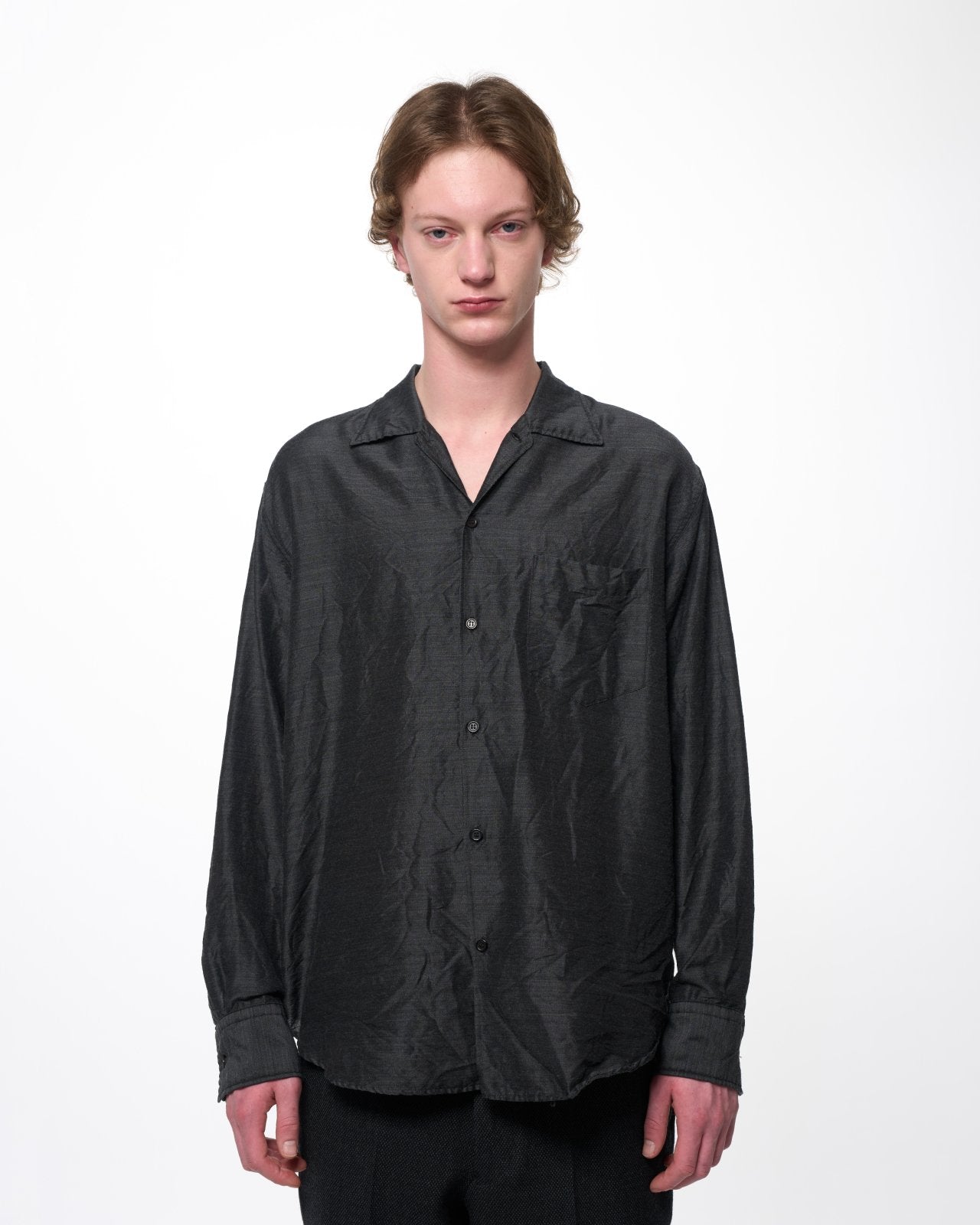 Silk/Wool Feather Twill / Open Collar L/S Shirt, Gray