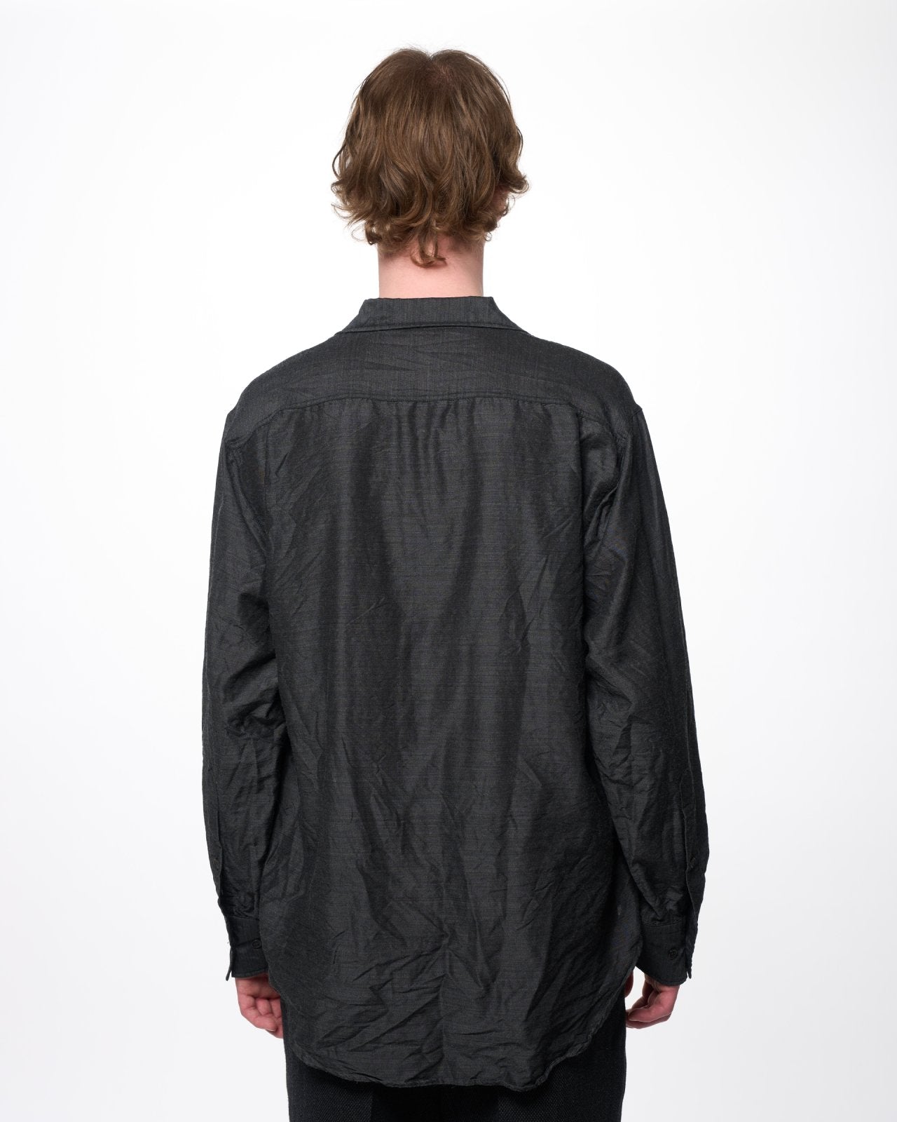 Silk/Wool Feather Twill / Open Collar L/S Shirt, Gray