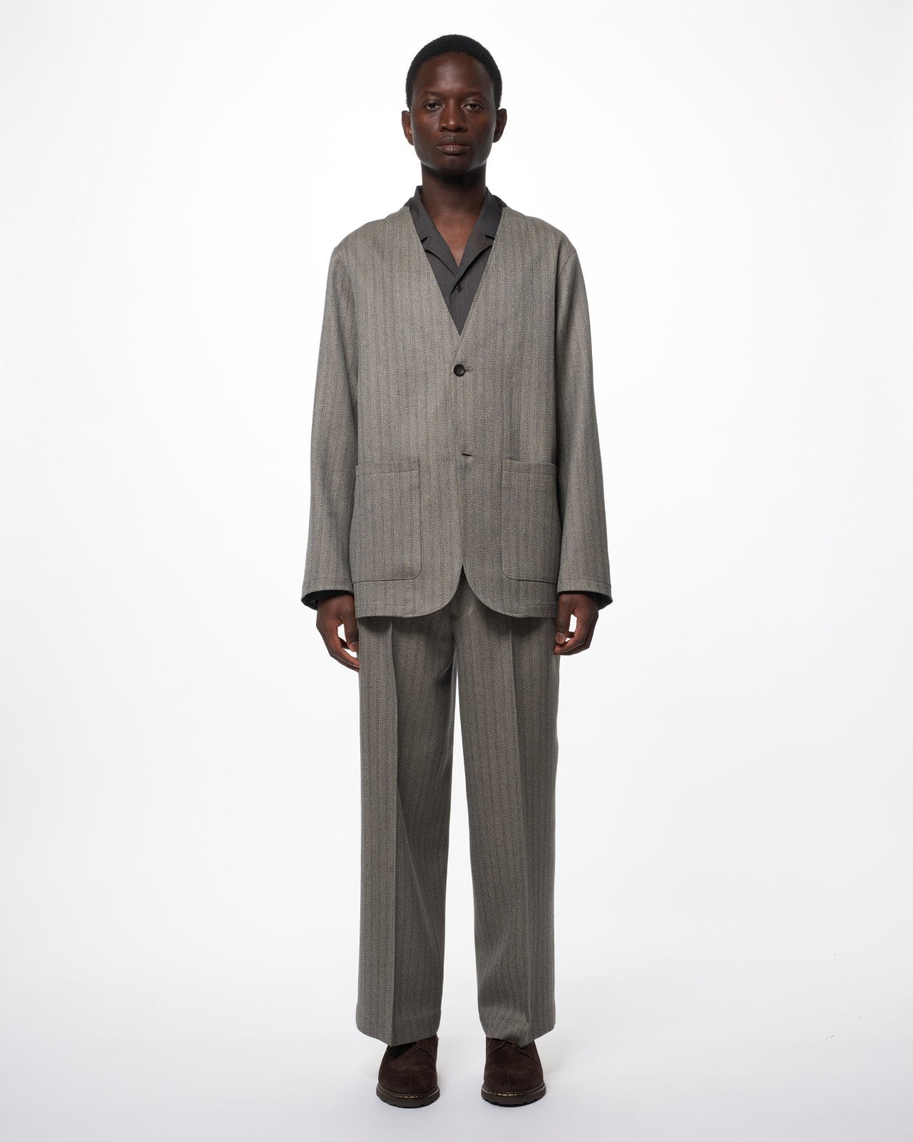 Organic Wool Twisted Melange Herringbone / Lapelless Jacket, Greige