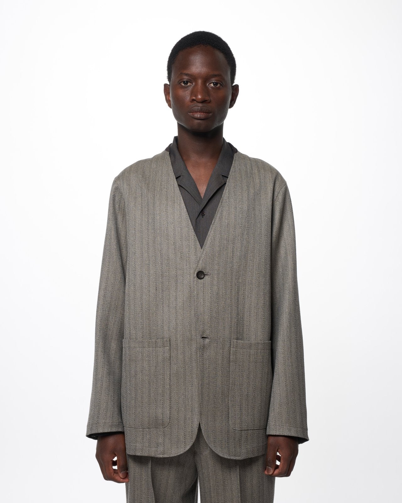 Organic Wool Twisted Melange Herringbone / Lapelless Jacket, Greige