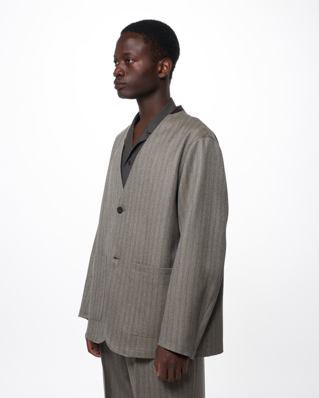 Organic Wool Twisted Melange Herringbone / Lapelless Jacket, Greige