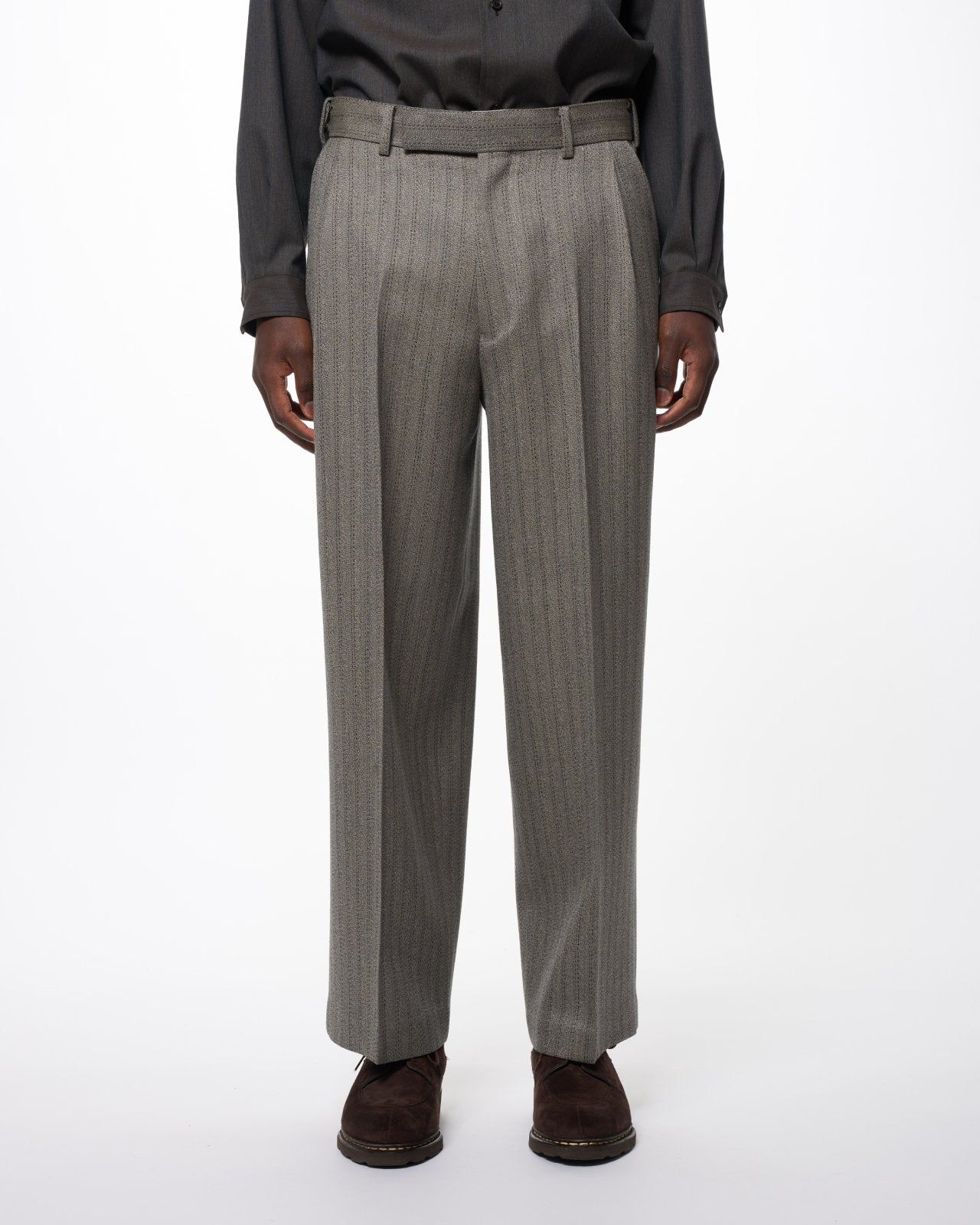 Organic Wool Twisted Melange Herringbone / Single Pleat Wide Trousers, Greige