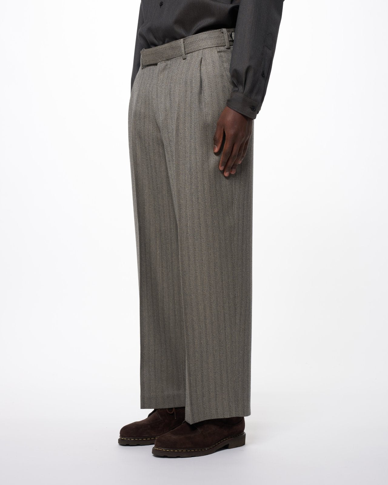 Organic Wool Twisted Melange Herringbone / Single Pleat Wide Trousers, Greige