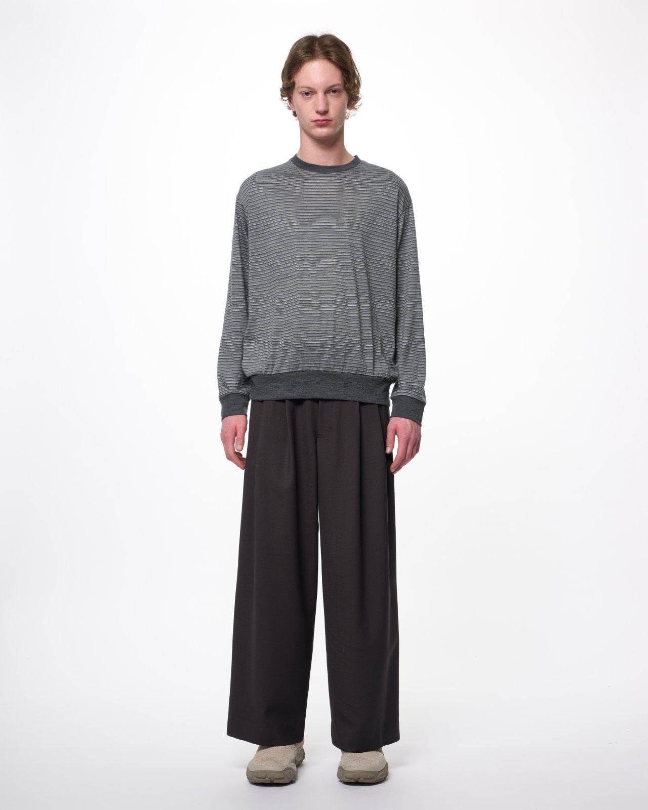 Recycled Polyester Wool Gabardine / Double Pleated Baggy Trousers, Charcoal Gray