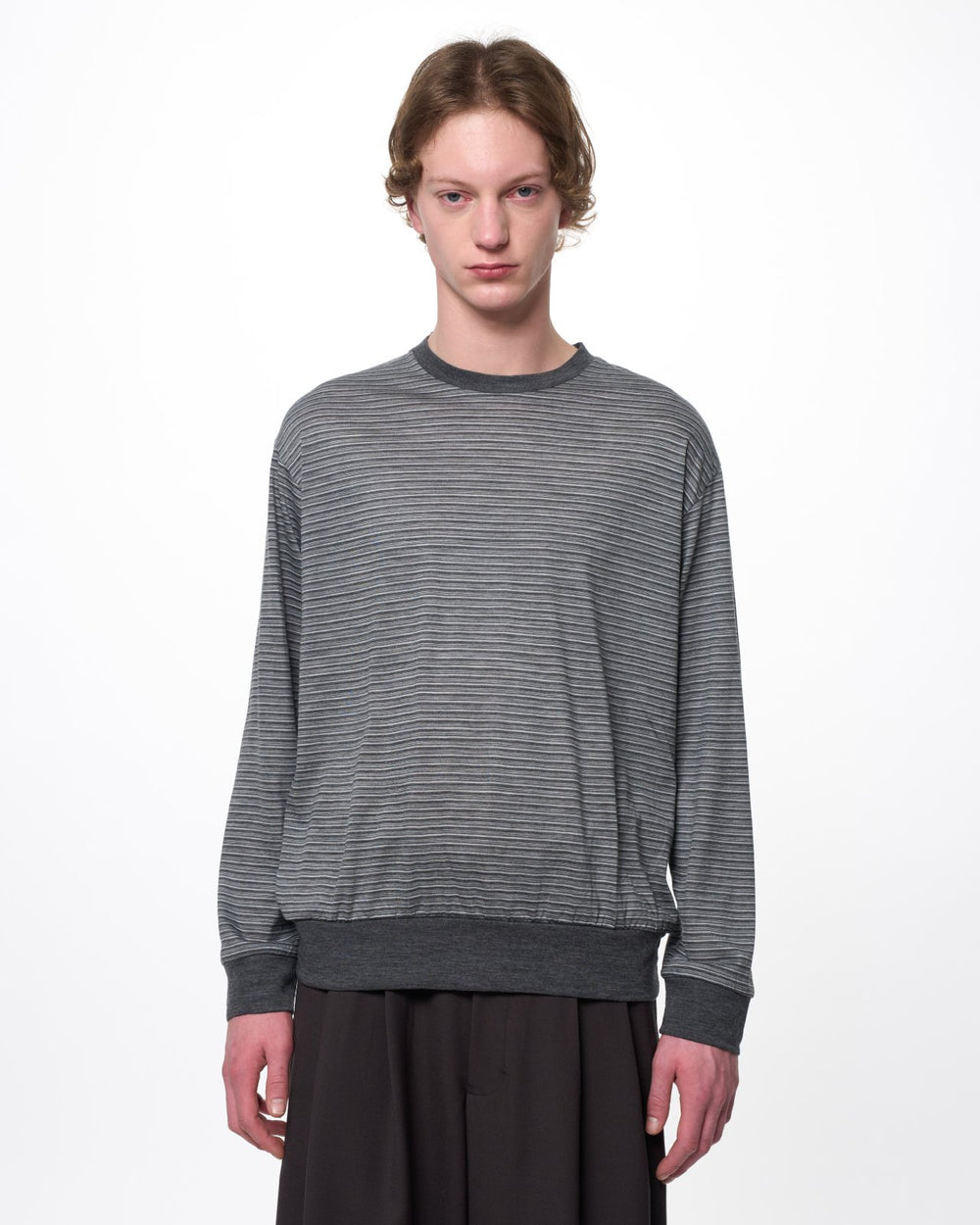 Super 120s Washable Wool Jersey / Crew Neck L/S Tee, Gray Border