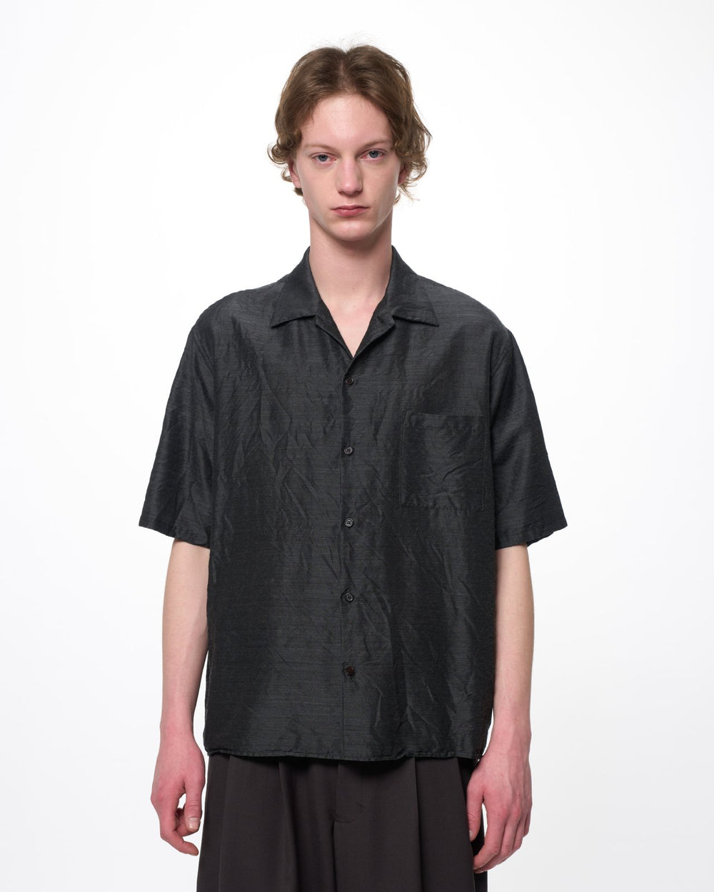 Silk/Wool Feather Twill / Open Collar S/S Shirt, Gray