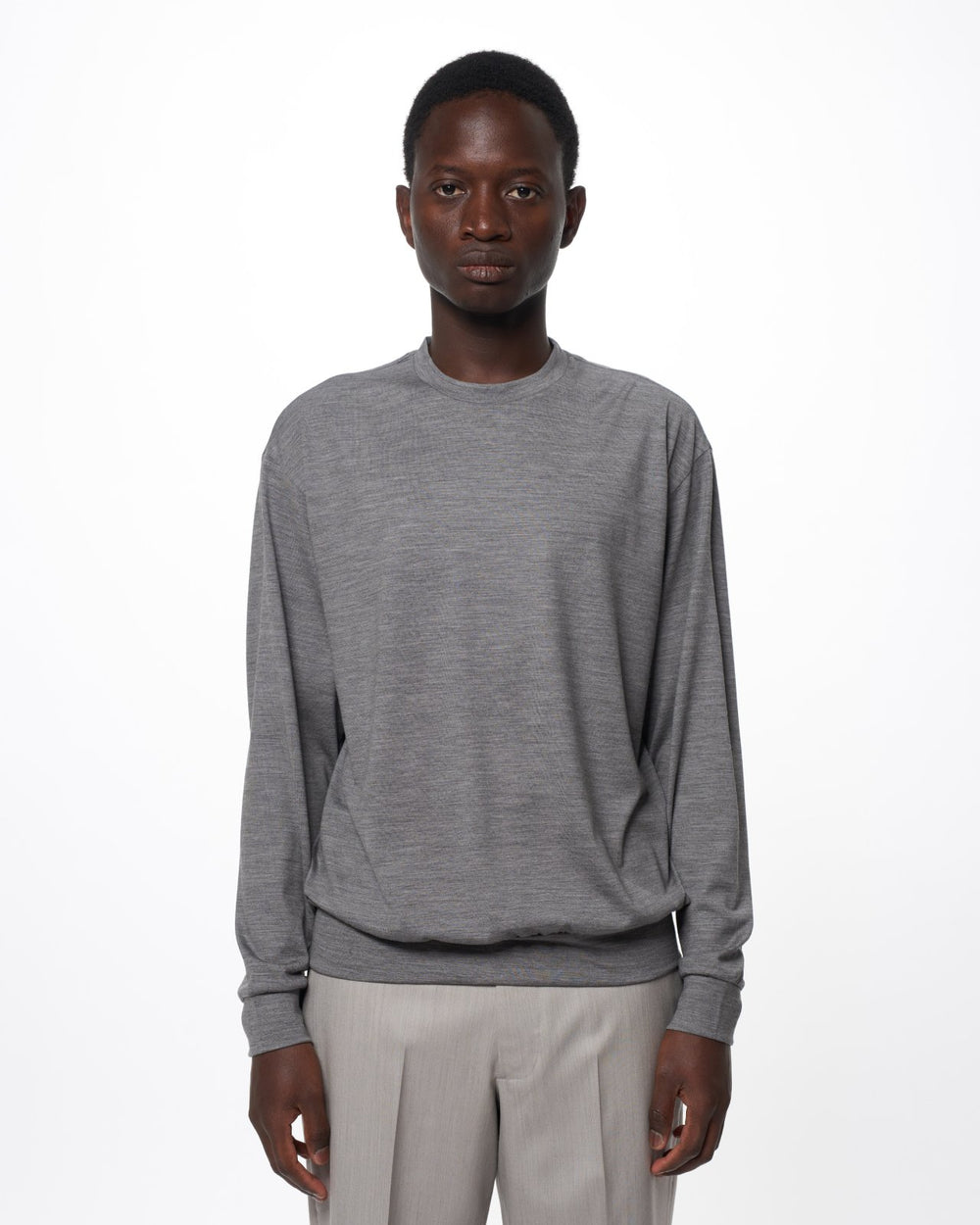 Super 100s Washable Wool Jersey / Crew Neck L/S Tee, Top Gray