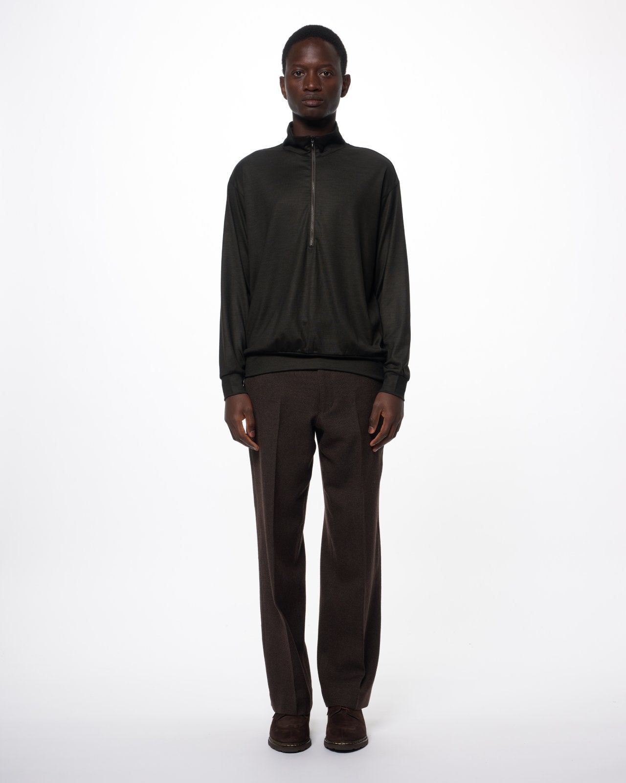 スーパー100s ウォッシャブルウール天竺 / ハーフジップスタンド, Dark Olive