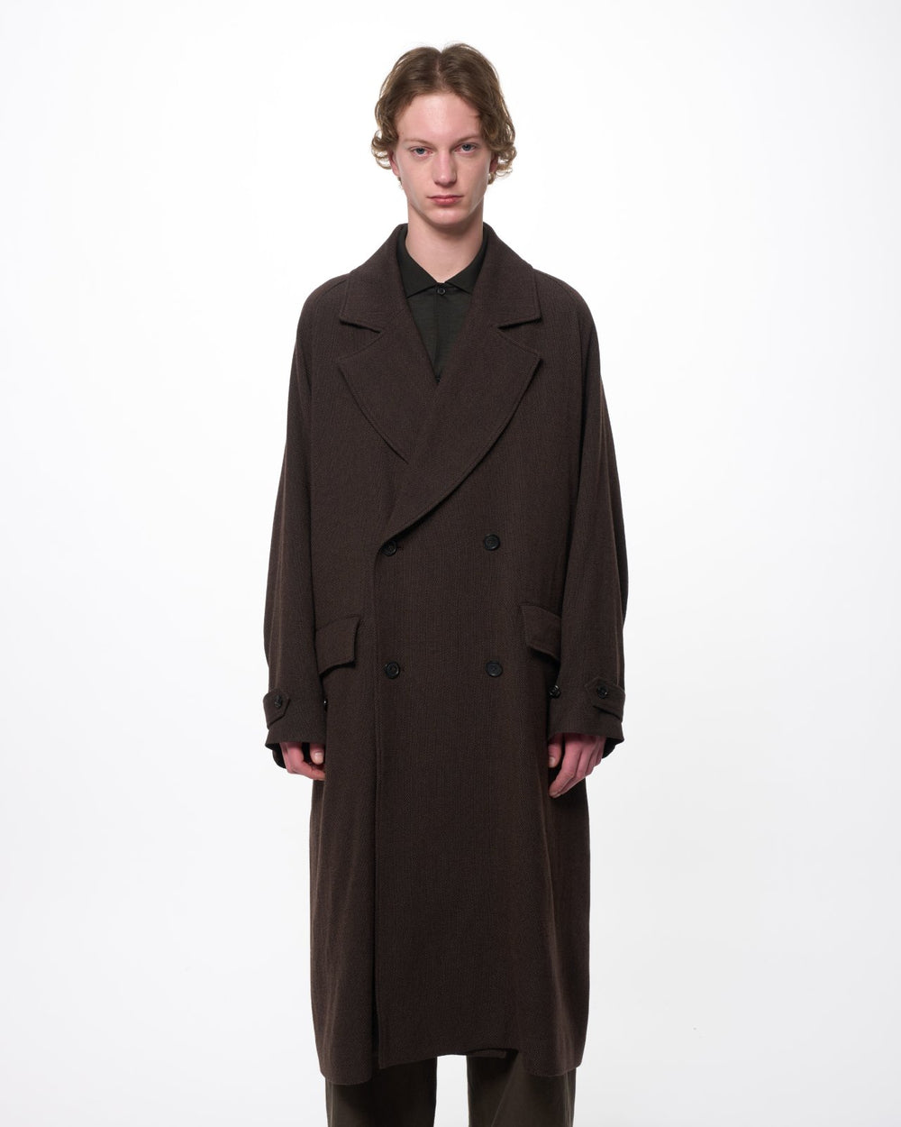 Tumbled Wool Serge Great Coat, Brown Bird’s-Eye