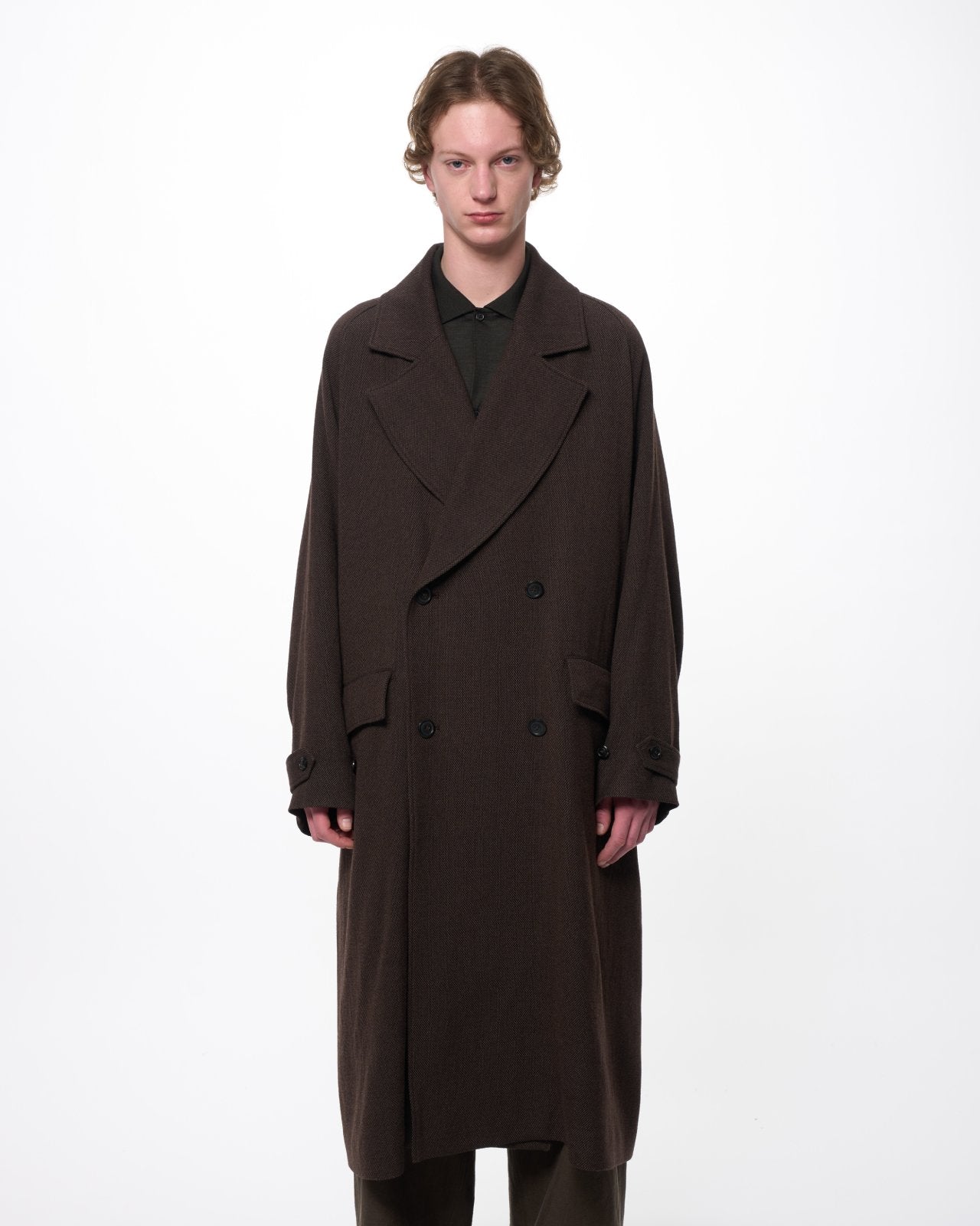 Tumbled Wool Serge Great Coat, Brown Bird’s-Eye