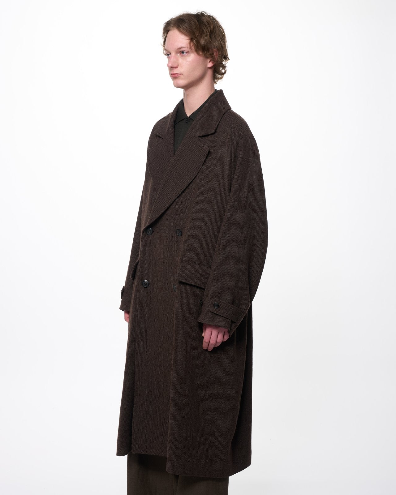 Tumbled Wool Serge Great Coat, Brown Bird’s-Eye