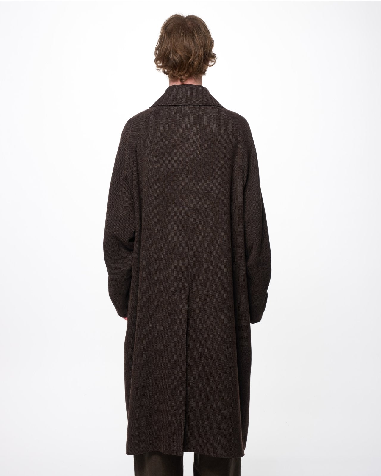 Tumbled Wool Serge Great Coat, Brown Bird’s-Eye