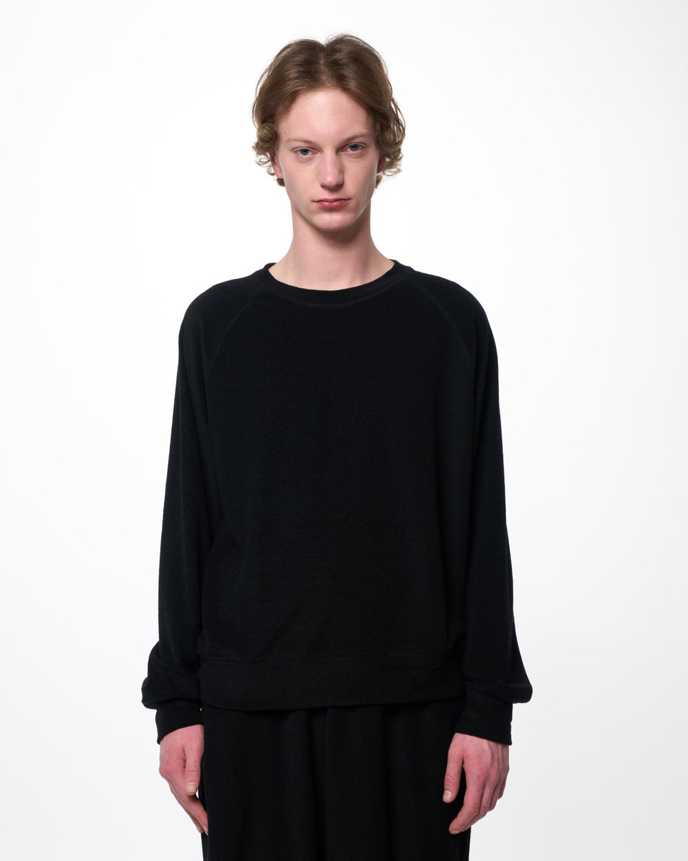 Super 140s Washable Wool Pile Knit / Crew Neck Raglan Sweatshirt, Black