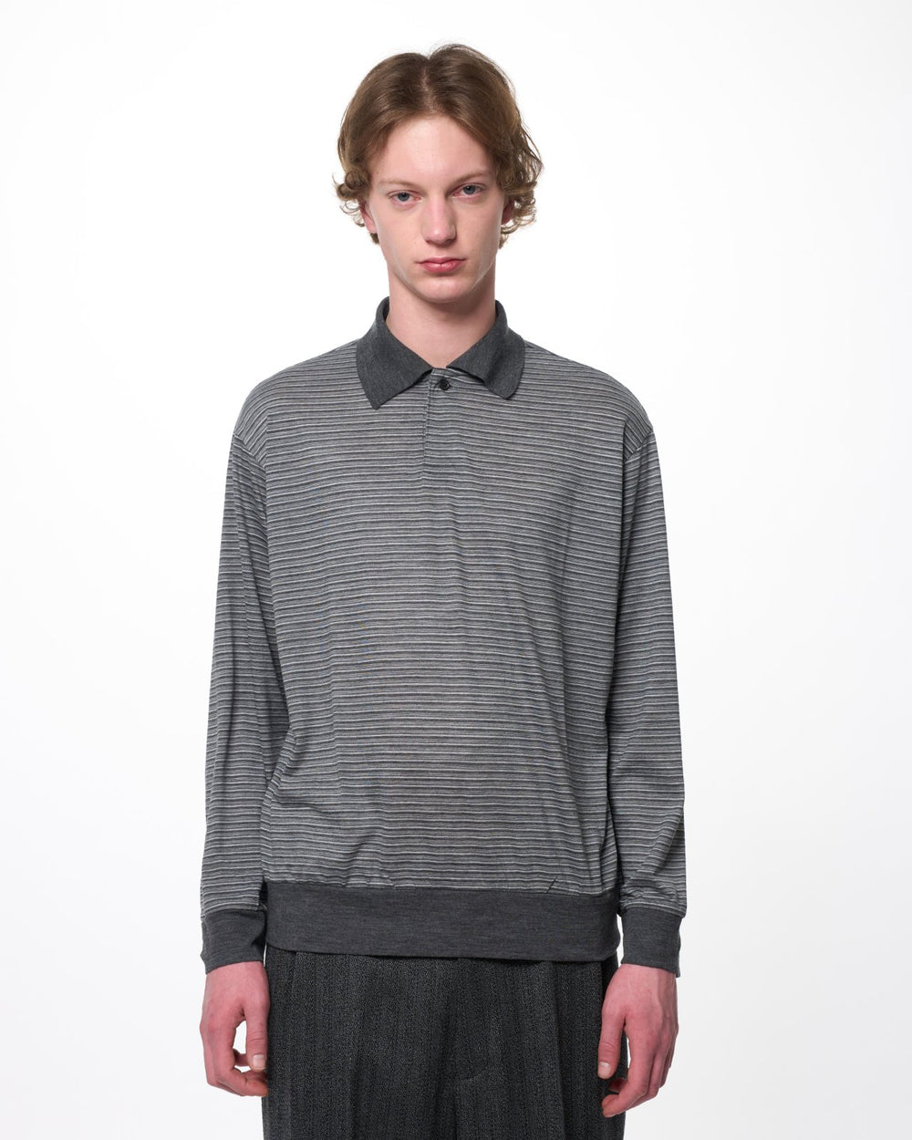 Super 120s Washable Wool Jersey / One Button L/S Polo, Gray Border