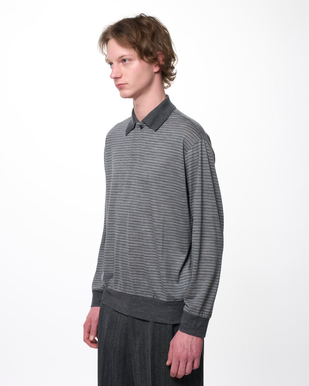 Super 120s Washable Wool Jersey / One Button L/S Polo, Gray Border
