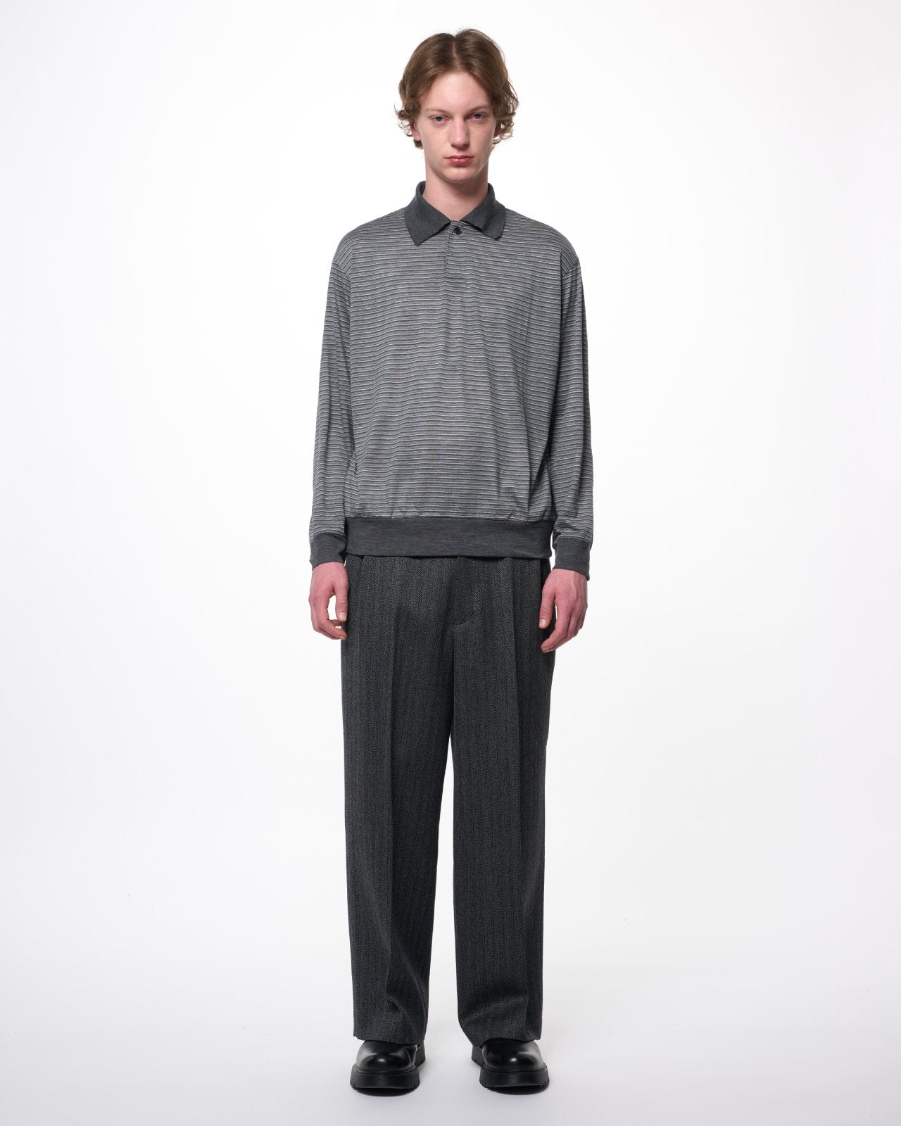 Super 120s Washable Wool Jersey / One Button L/S Polo, Gray Border