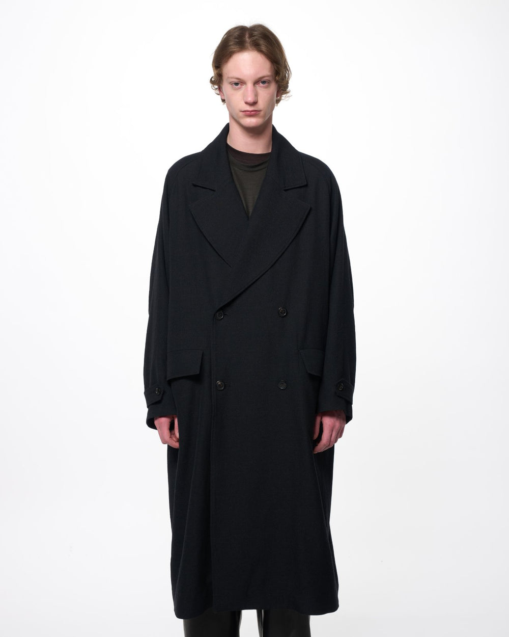 Tumbled Wool Serge Great Coat, Chambray Black