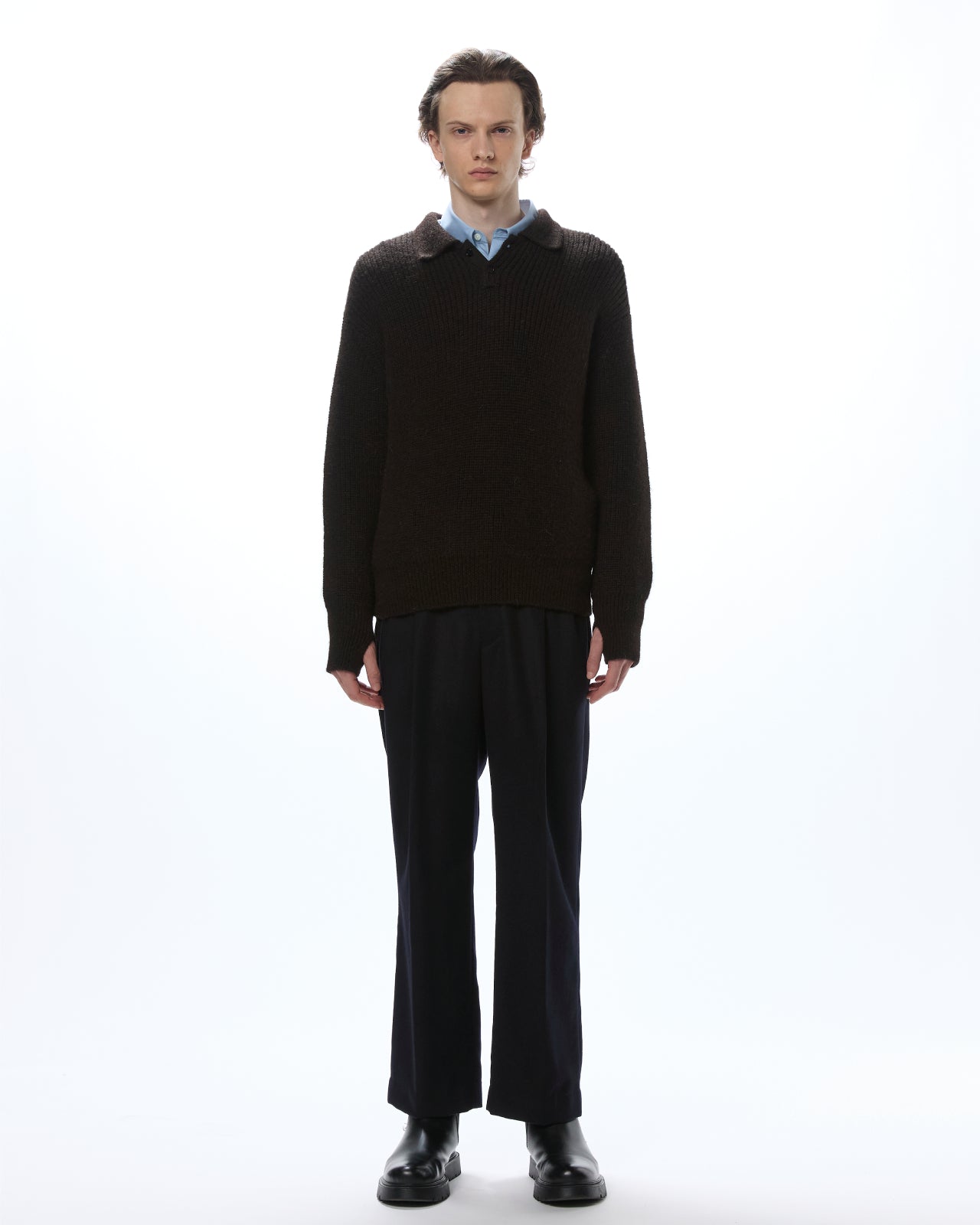 Cashmere Flannel / Double Pleated Straight Trousers, Black