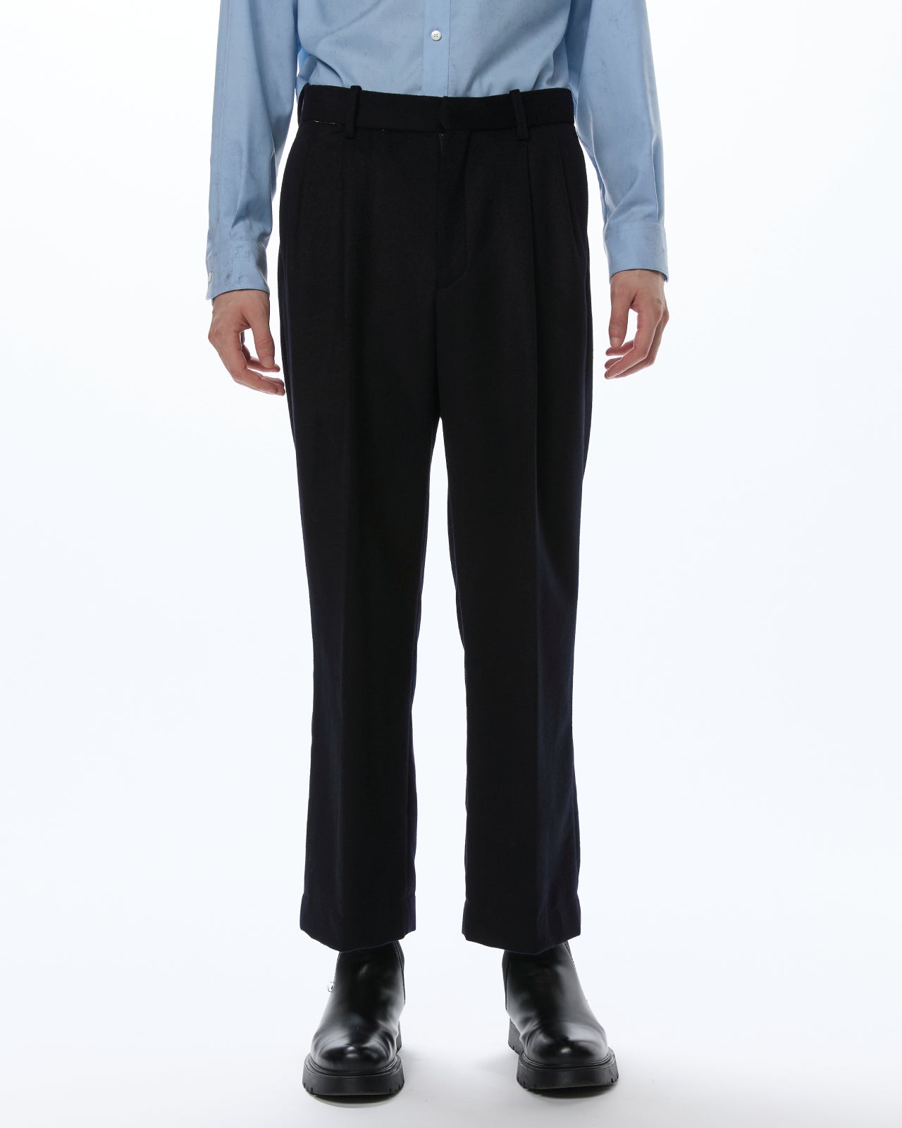 Cashmere Flannel / Double Pleated Straight Trousers, Black
