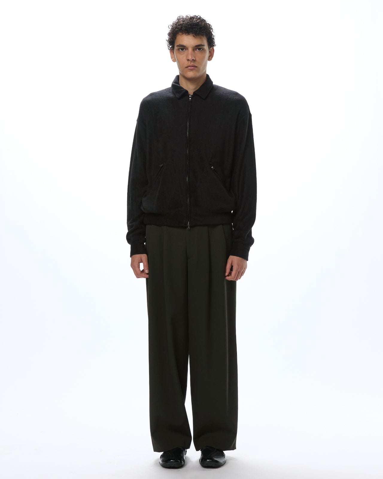 Wool Gabardine Washer Tumbler / Double Pleated Wide Trousers, Dark Olive