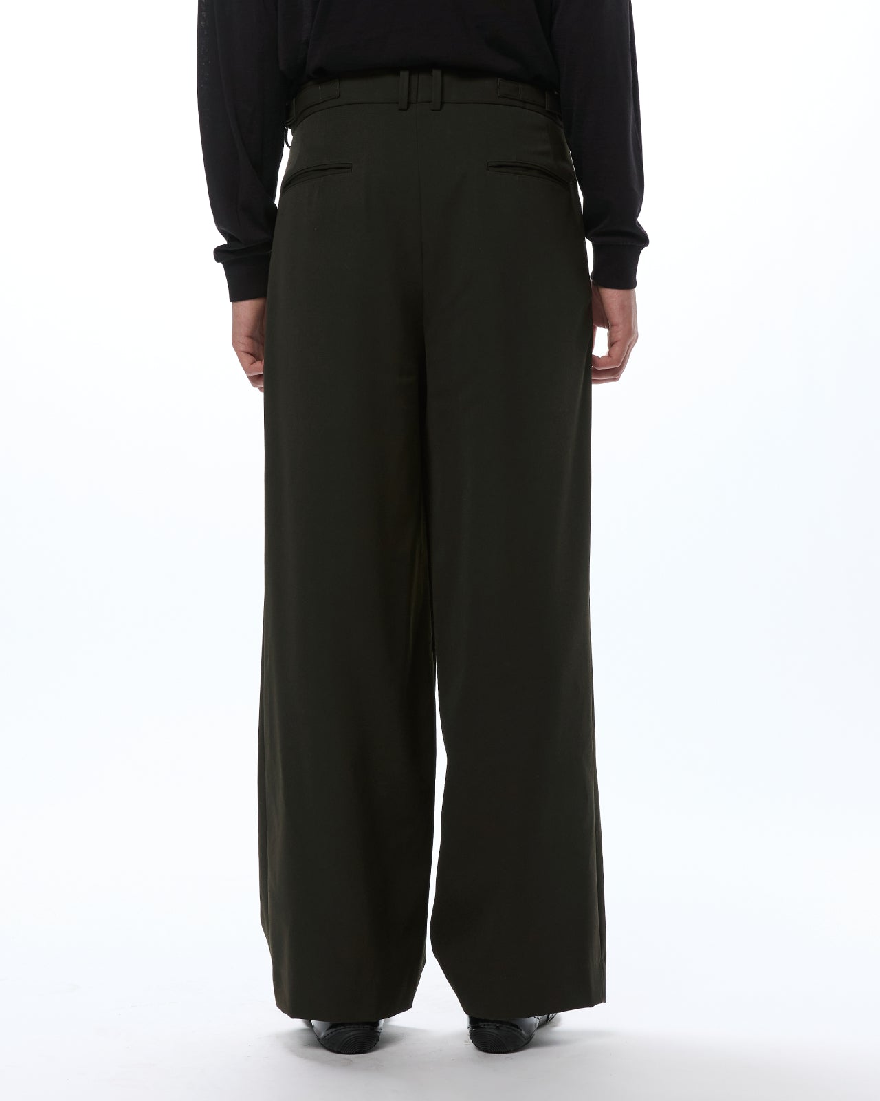 Wool Gabardine Washer Tumbler / Double Pleated Wide Trousers, Dark Olive