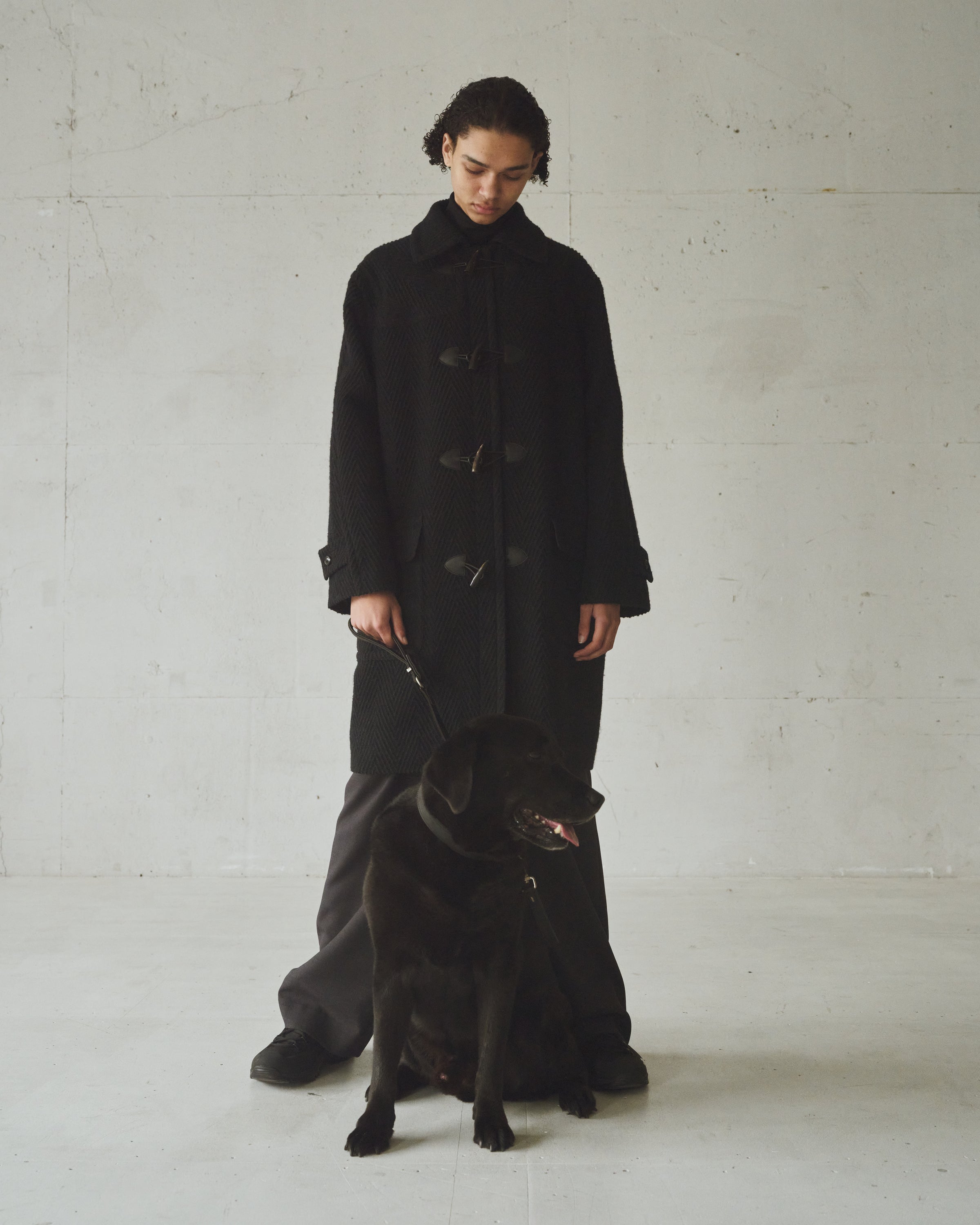 シェトランドウールオーガニックコットン ビッグ へリンボン / ダッフルコート, Top Black