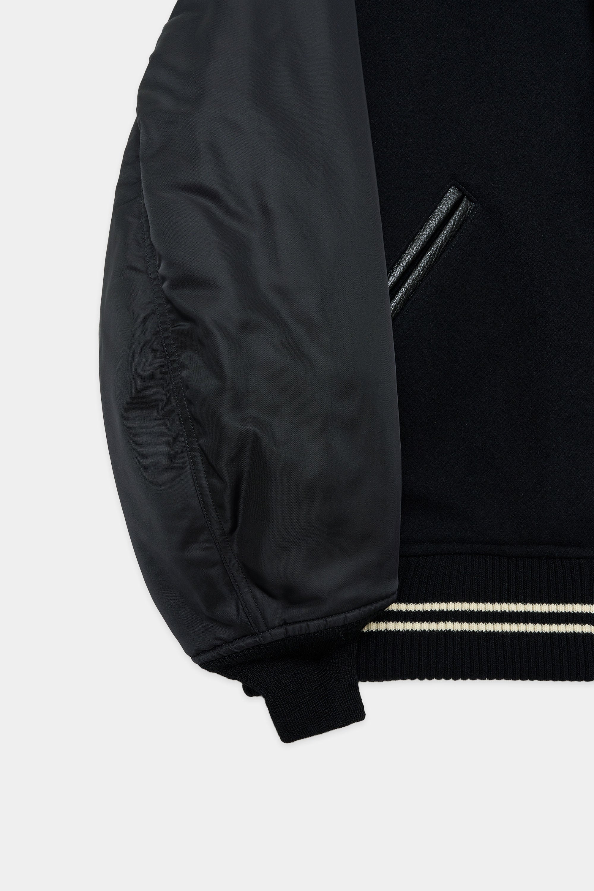 ORGANIC WOOL MELTON VARSITY JACKET, Black
