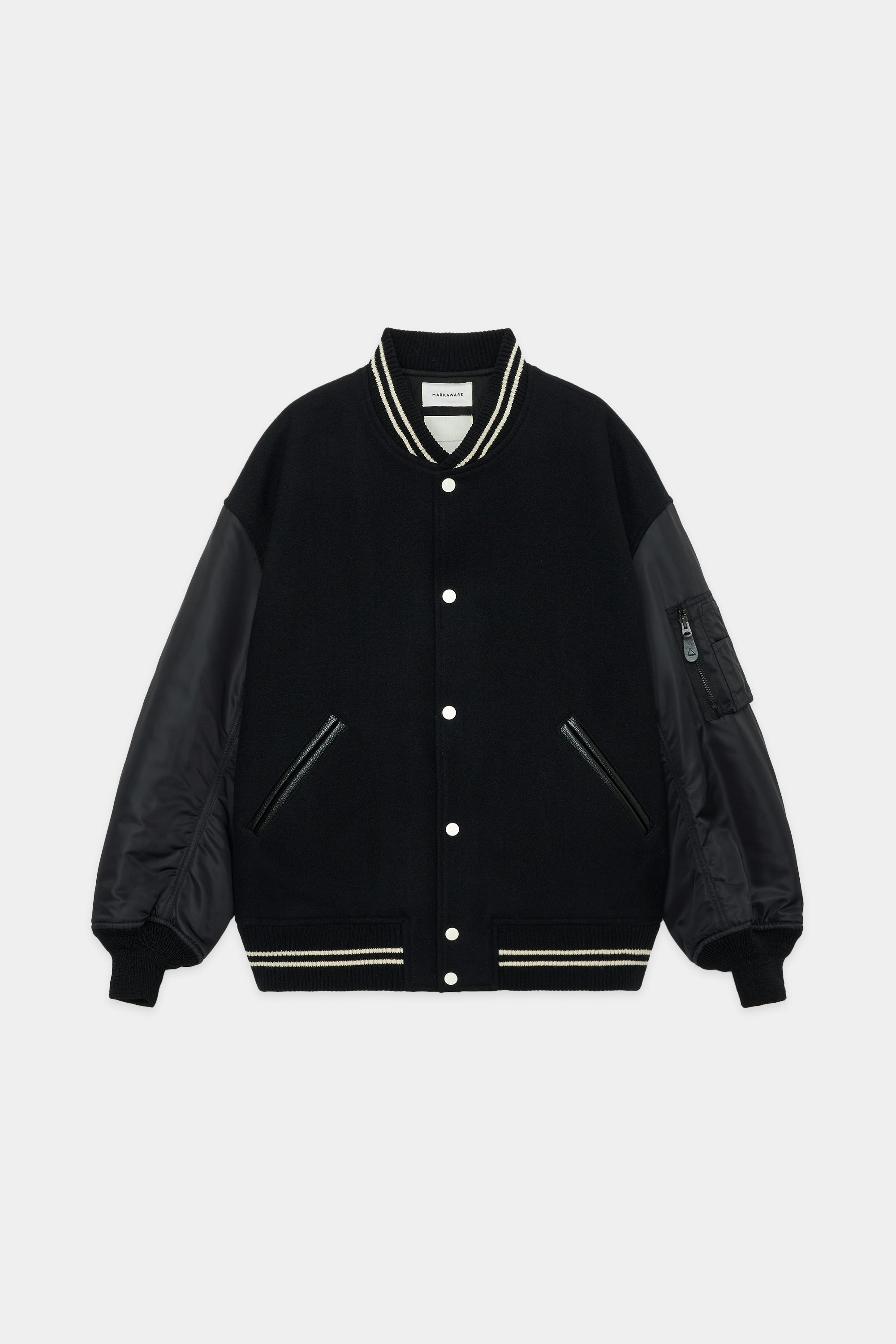 ORGANIC WOOL MELTON VARSITY JACKET, Black