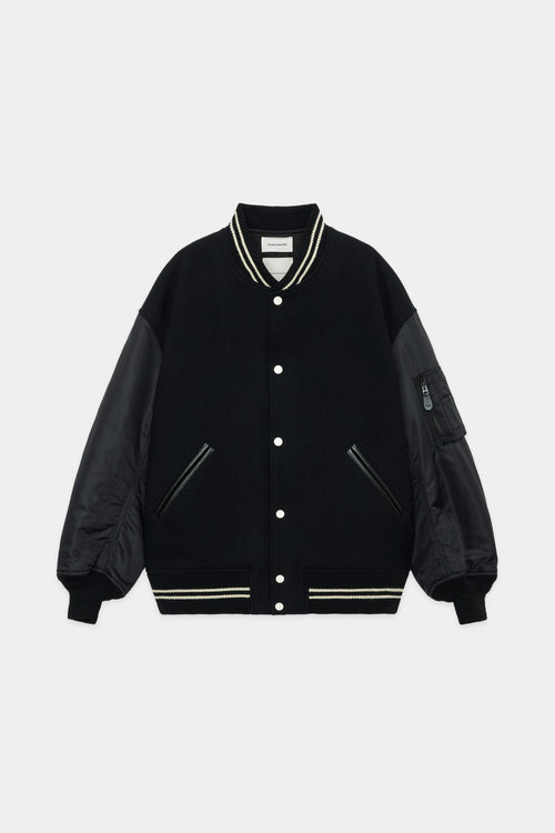 ORGANIC WOOL MELTON VARSITY JACKET, Black