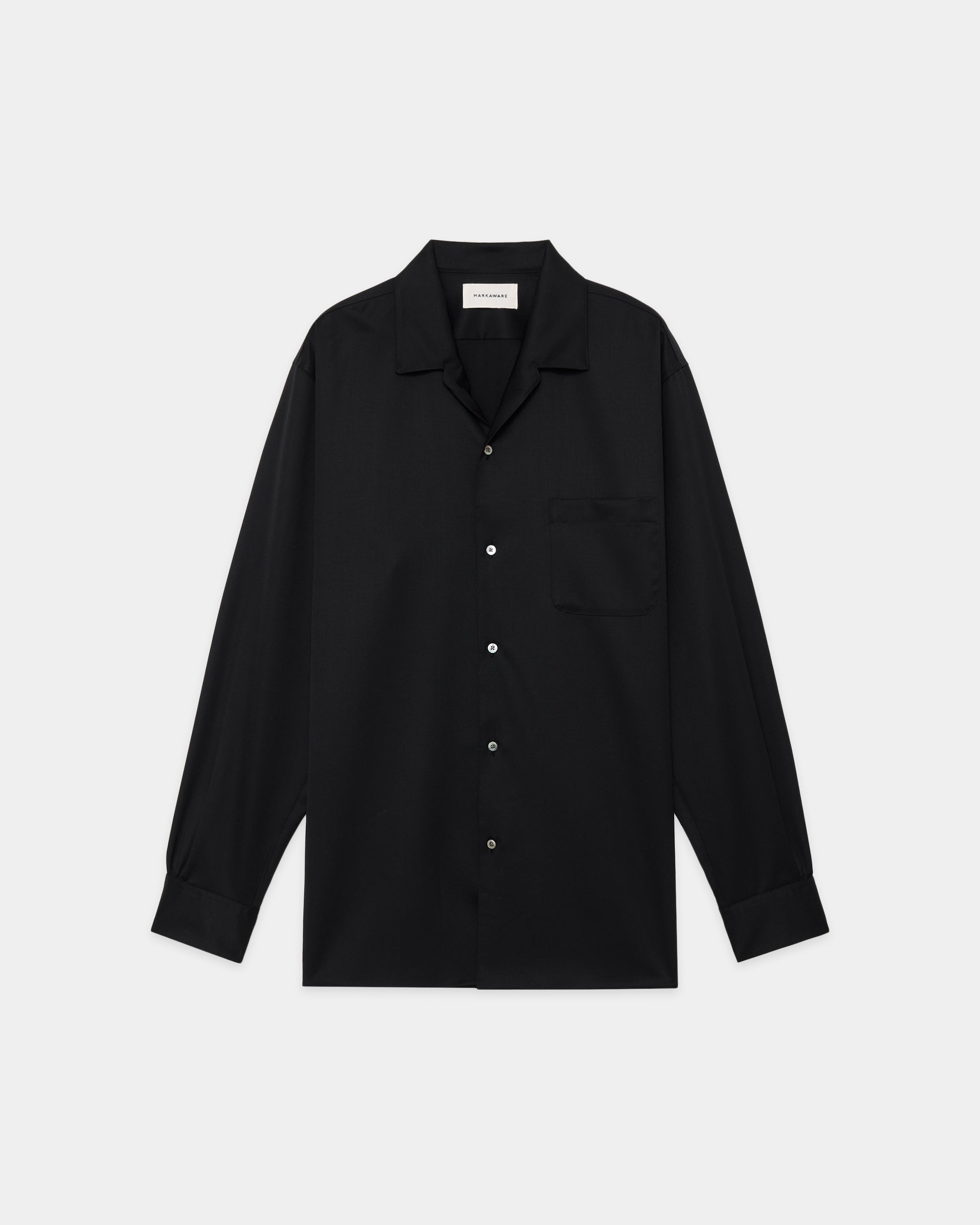 ORGANIC WOOL 2/80 GABARDINE ITALIAN OPEN COLLAR SHIRT, Black