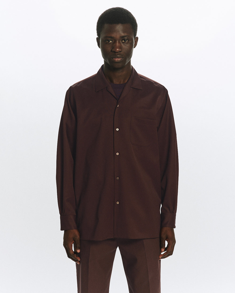 ORGANIC WOOL 2/80 GABARDINE ITALIAN OPEN COLLAR SHIRT, Olive Drab