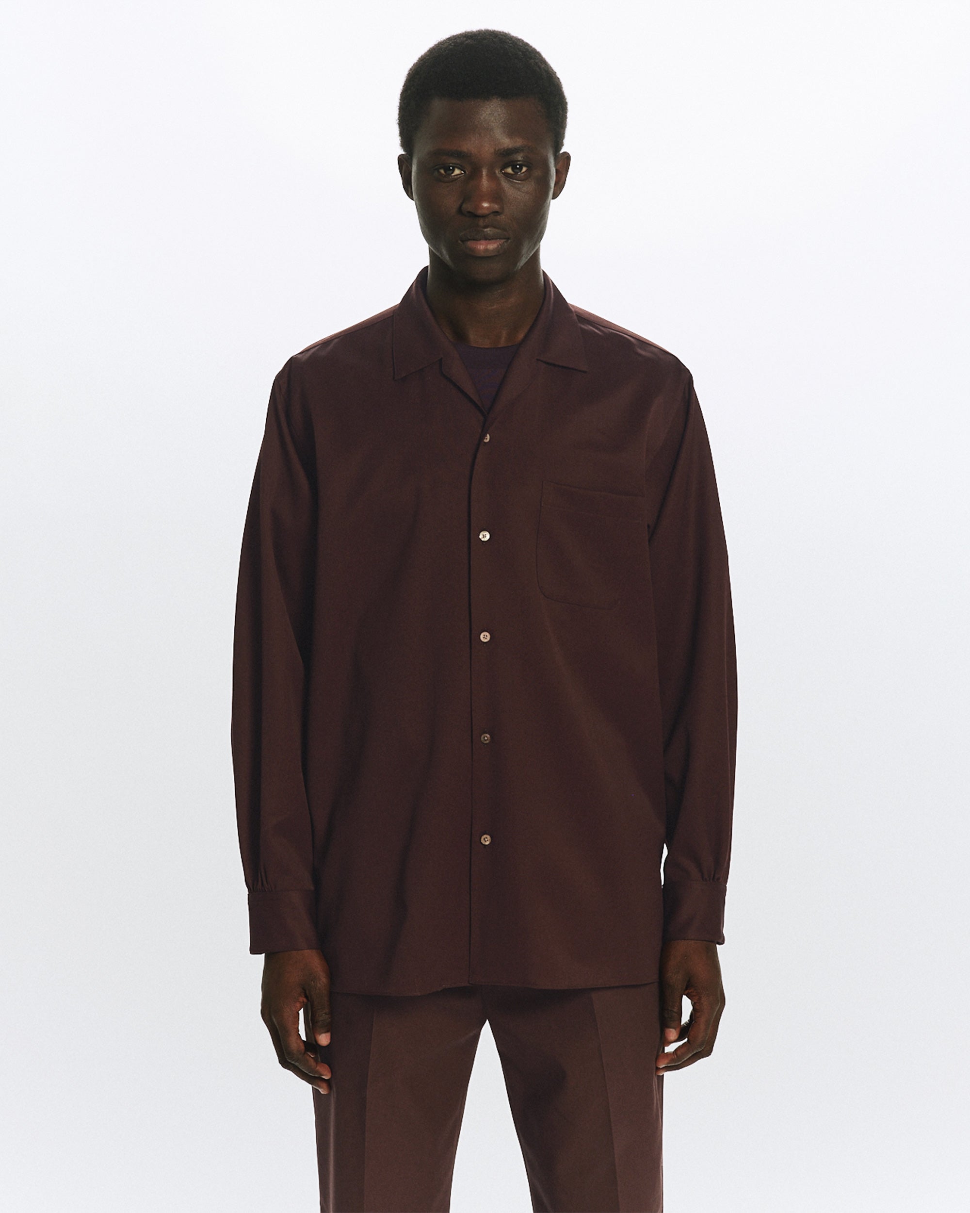 ORGANIC WOOL 2/80 GABARDINE ITALIAN OPEN COLLAR SHIRT, Olive Drab