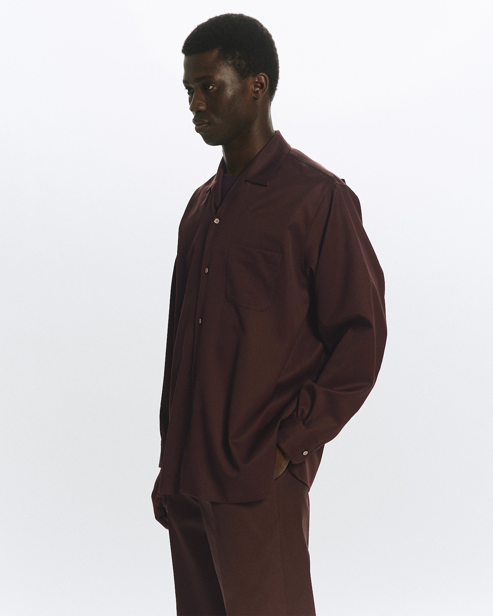 ORGANIC WOOL 2/80 GABARDINE ITALIAN OPEN COLLAR SHIRT, Olive Drab