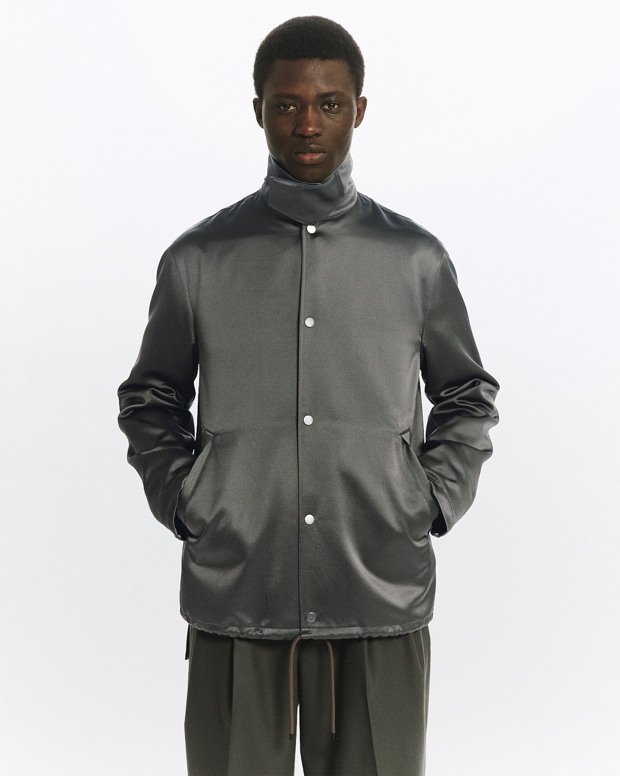 BRATAC SILK × CASHMERE SATIN COACH JACKET II, Sage Green