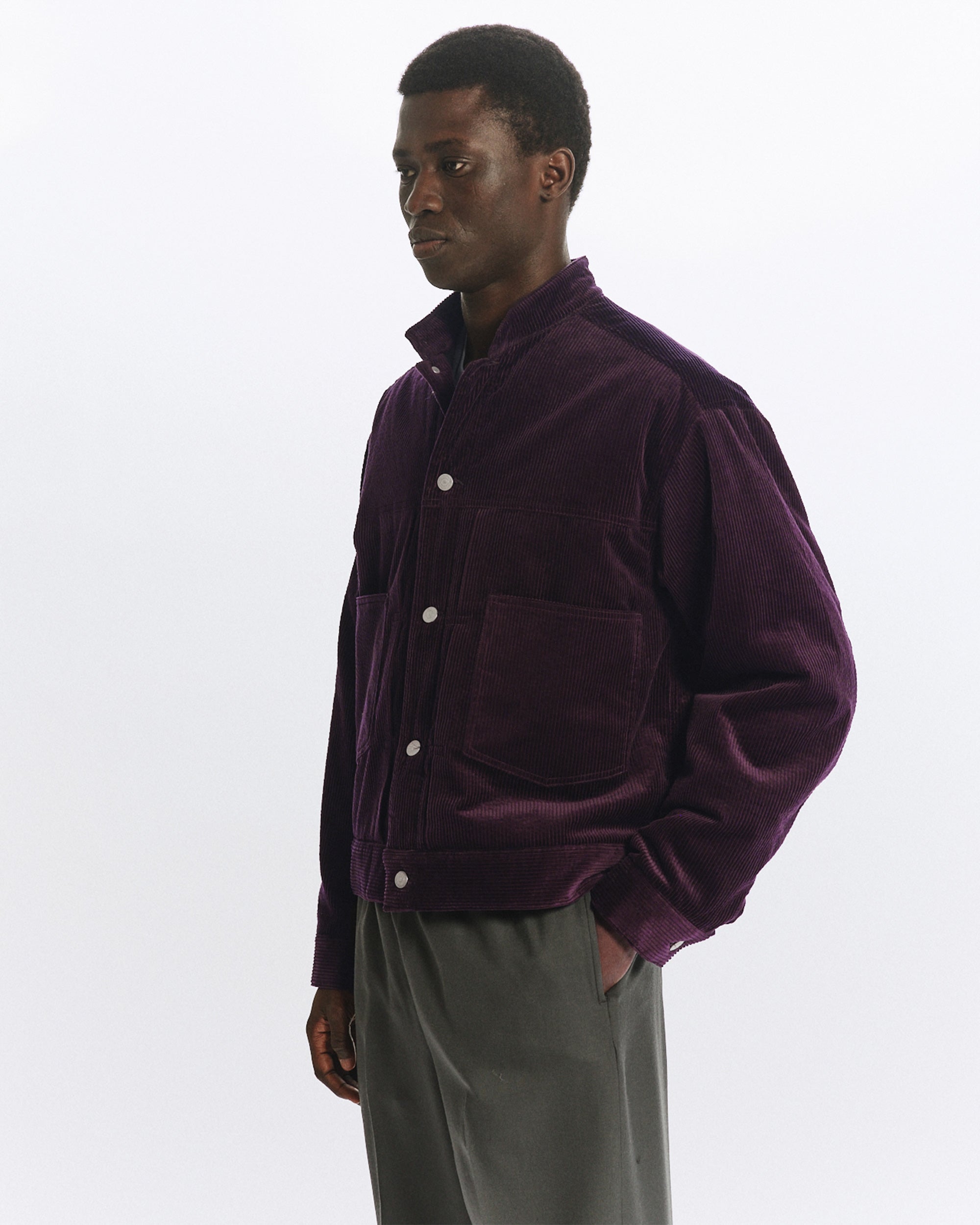 ORGANIC COTTON 6-WALE CORDUROY PUFFED MANDARIN COLLAR WORK JACKET, Purple