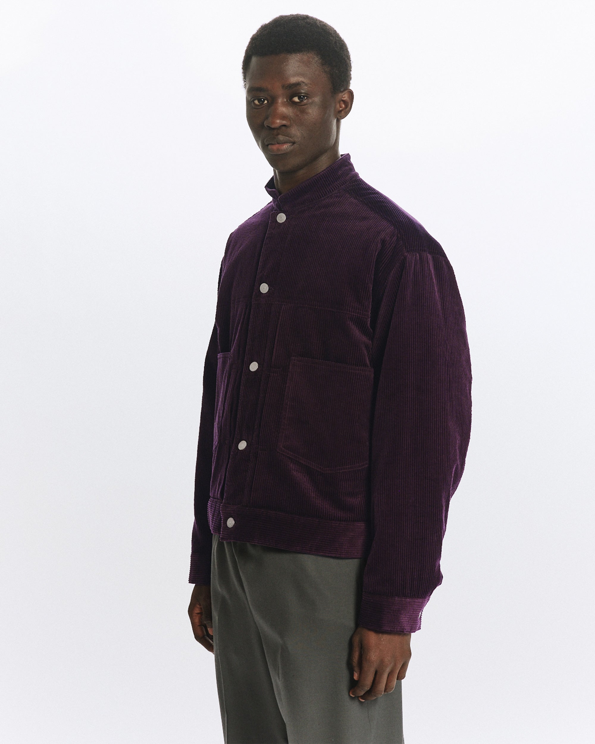 ORGANIC COTTON 6-WALE CORDUROY PUFFED MANDARIN COLLAR WORK JACKET, Purple