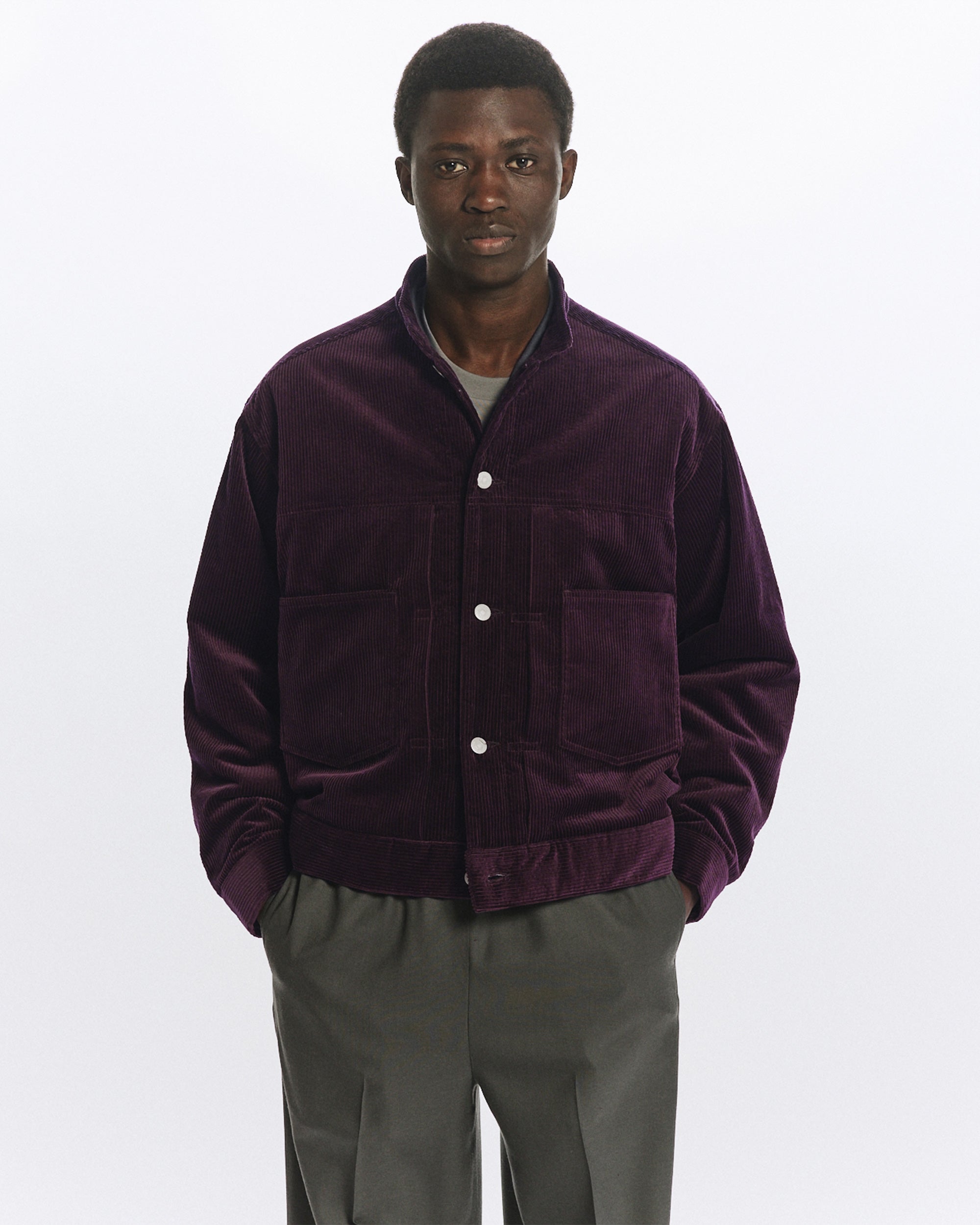 ORGANIC COTTON 6-WALE CORDUROY PUFFED MANDARIN COLLAR WORK JACKET, Purple